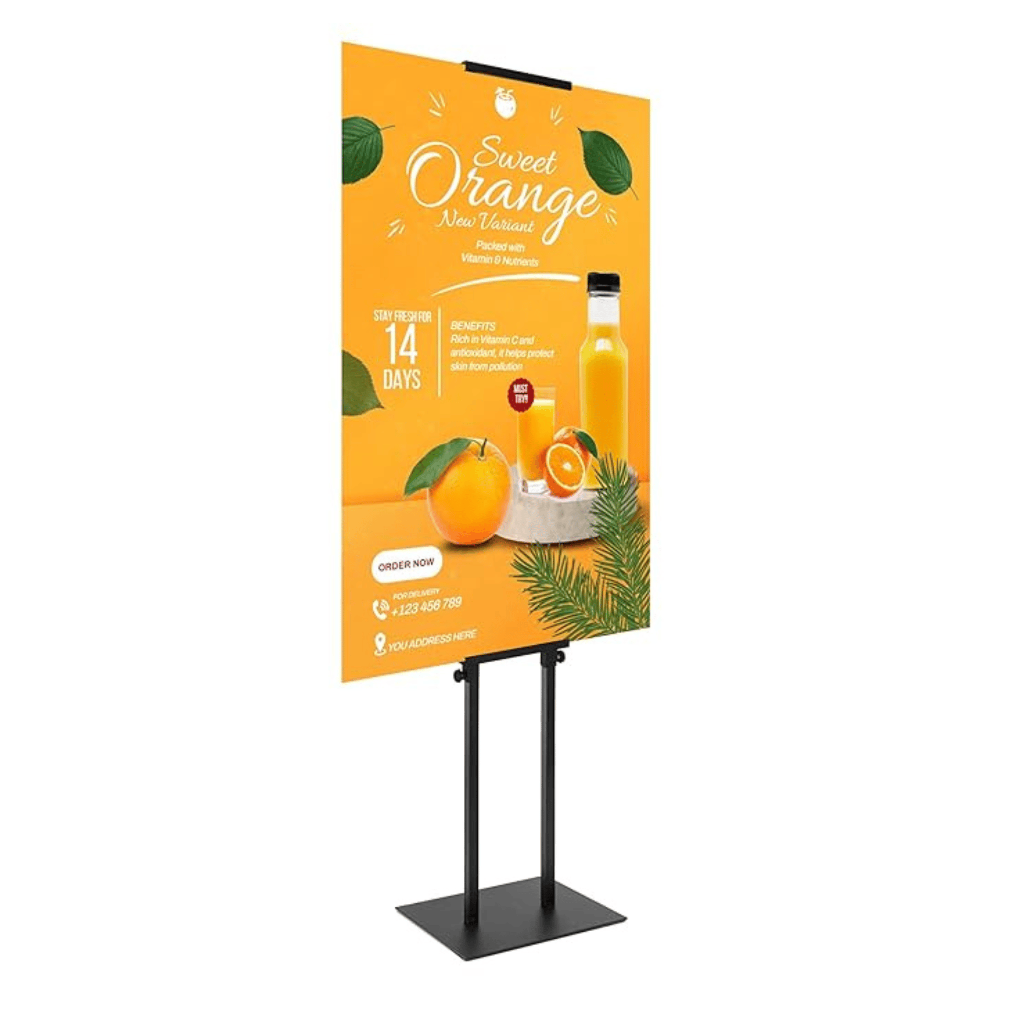 Durable black double-sided adjustable stand, perfect for showcasing posters and information boards.
