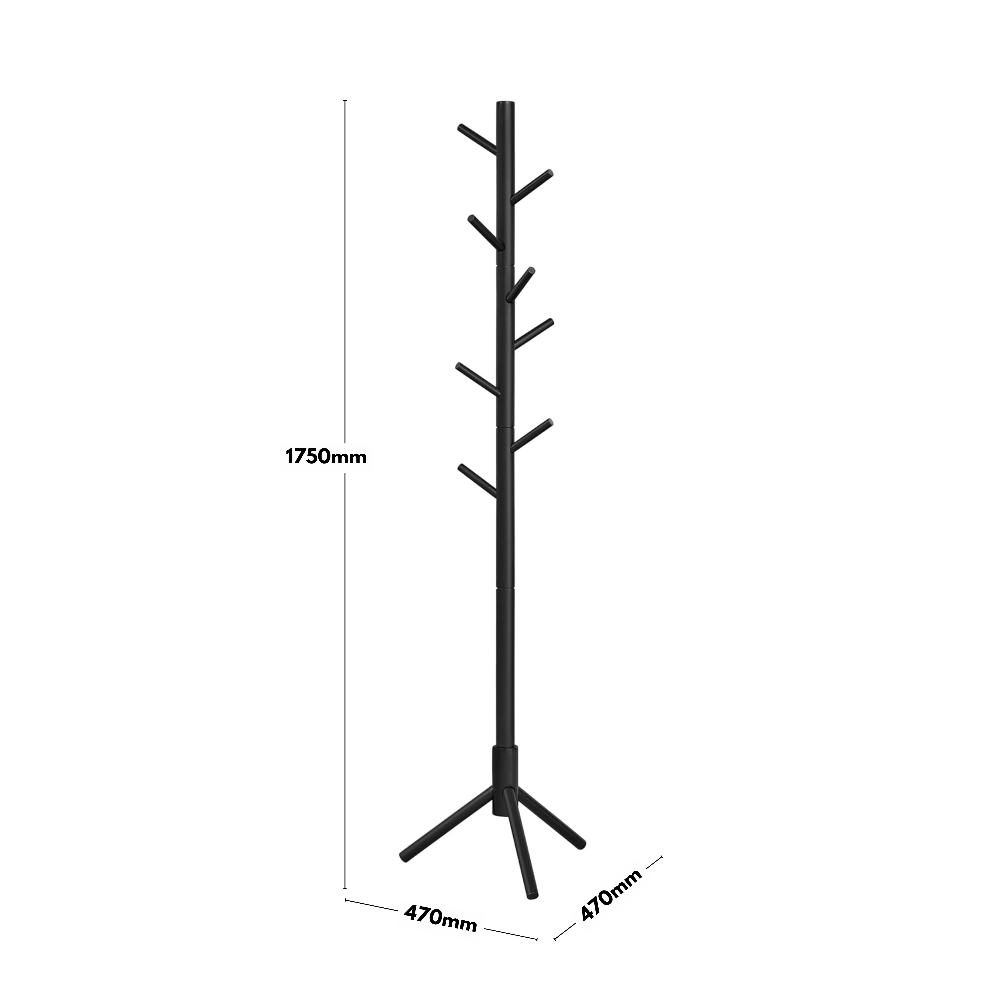 Versatile black wooden coat stand with an 8-hook design and adjustable height, suitable for homes, offices, and lobbies.
