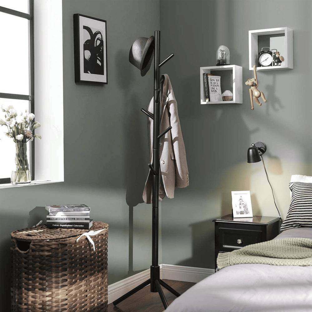 Black height-adjustable wooden hall tree coat rack with 8 hooks, perfect for organising coats, hats, and accessories.
