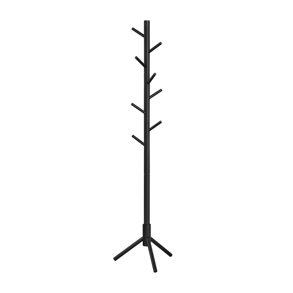 Stylish black wooden coat rack with 8 hooks and a height-adjustable design, ideal for entryways and hallways.
