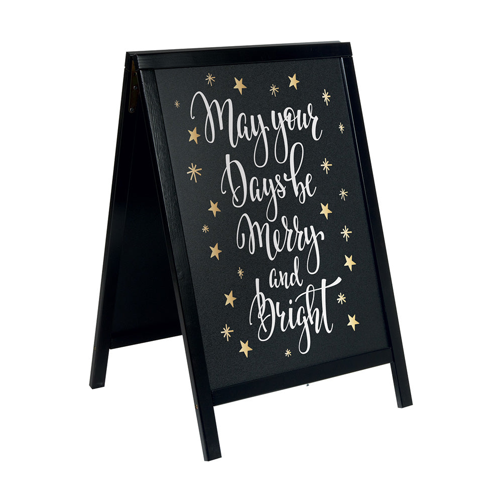 Durable black pinewood A-frame chalkboard sign, 545mm x 820mm, ideal for pavement advertising and promotions.
