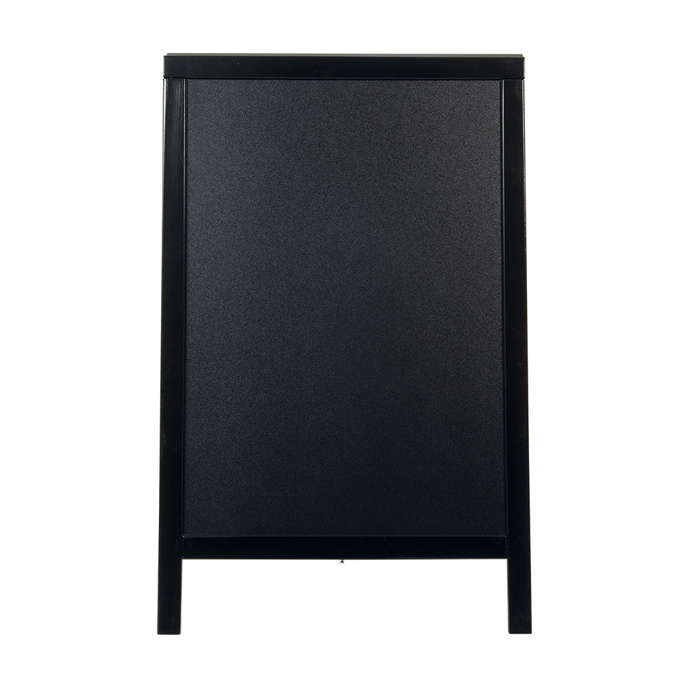 Sleek black lacquered wooden A-board with a chalk writing surface, freestanding design, and dimensions of 545mm x 820mm.
