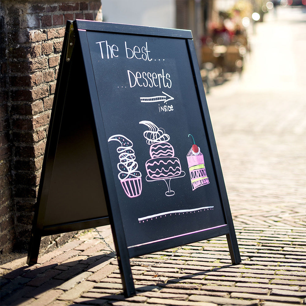 Black lacquered pinewood chalk A-board pavement sign, 685mm x 1210mm, ideal for cafés, restaurants, and retail displays.
