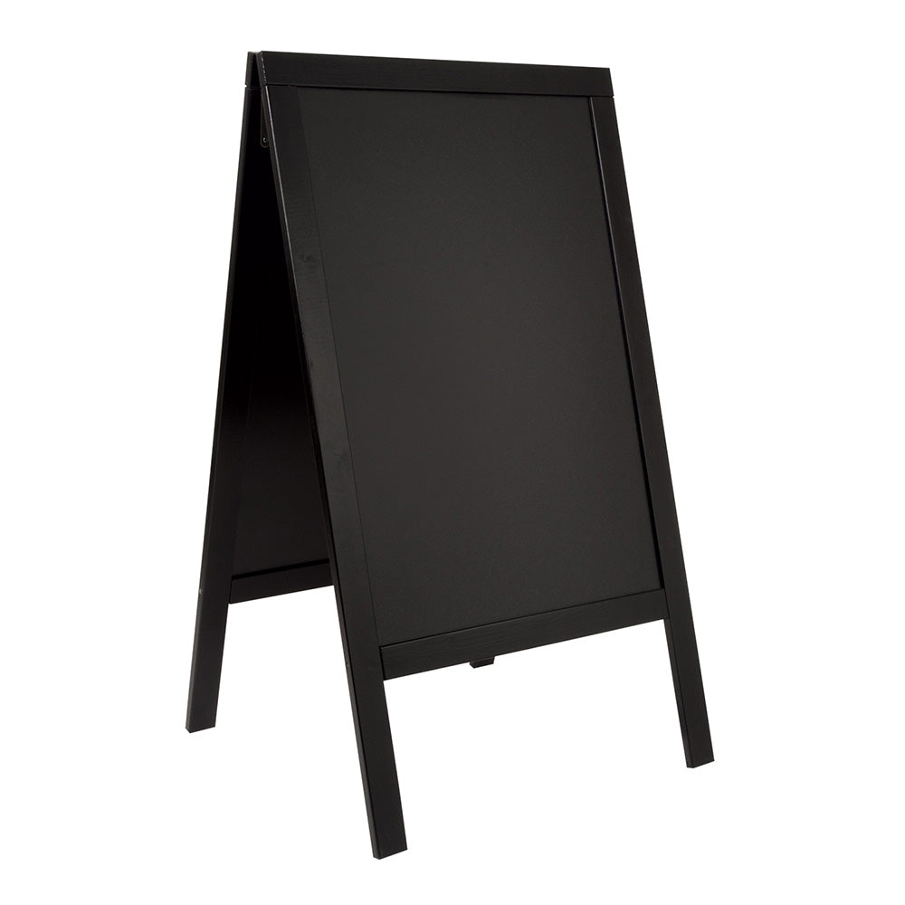 Durable black lacquered pinewood A-frame chalkboard, 685mm x 1210mm, perfect for menus, promotions, and signage.
