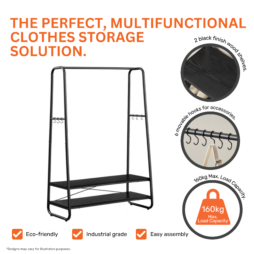 Modern black steel clothes rail with sturdy black wooden shelving and integrated hooks, designed for versatile storage.
