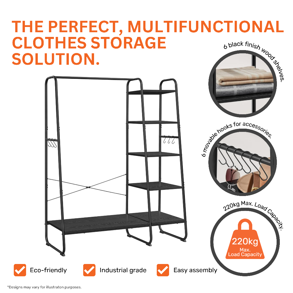 Modern black steel clothes rail with a five-tier wooden shelving unit, offering versatile storage for home or retail use.
