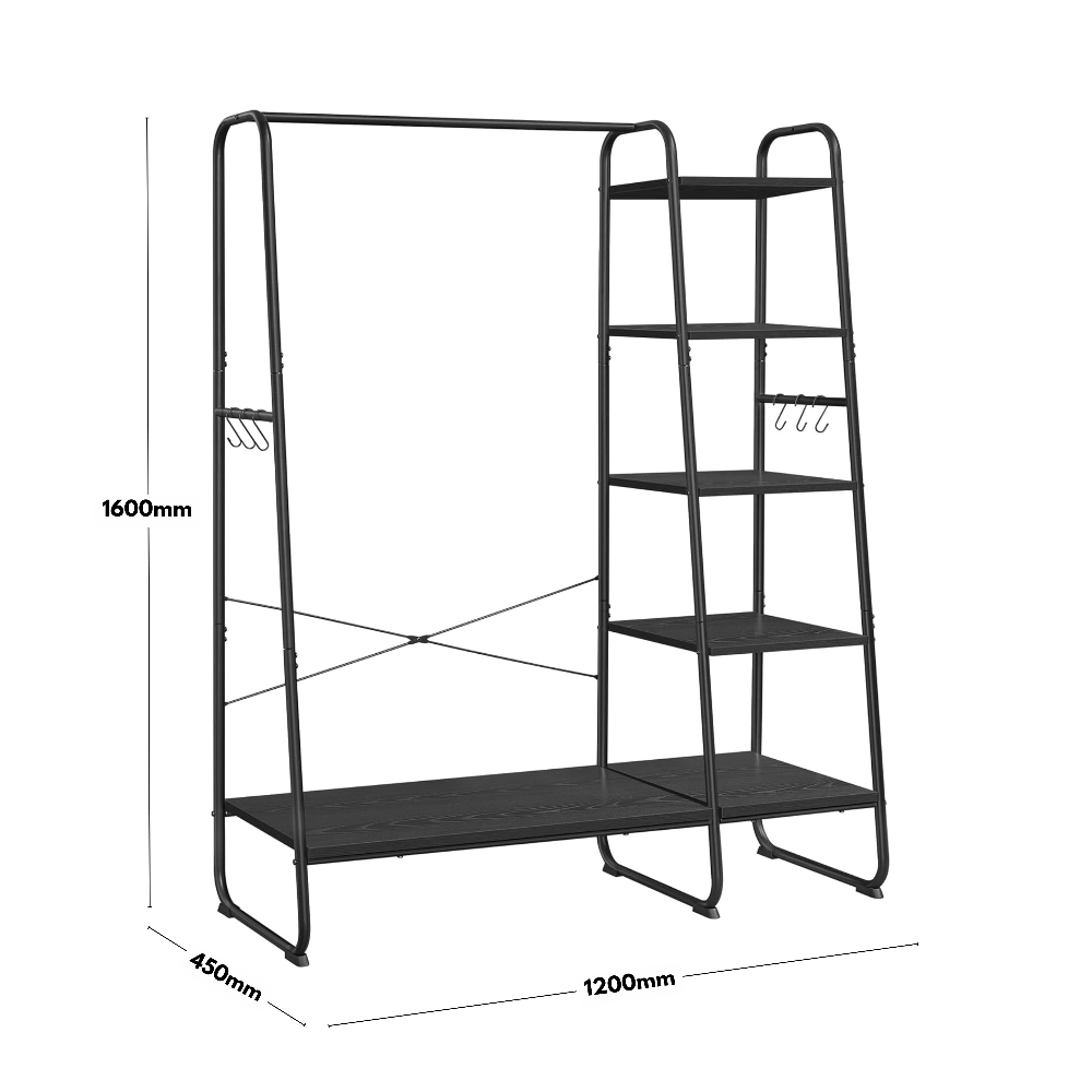 Freestanding black steel wardrobe organiser with five-tier black wood shelving, designed for efficient space-saving storage.
