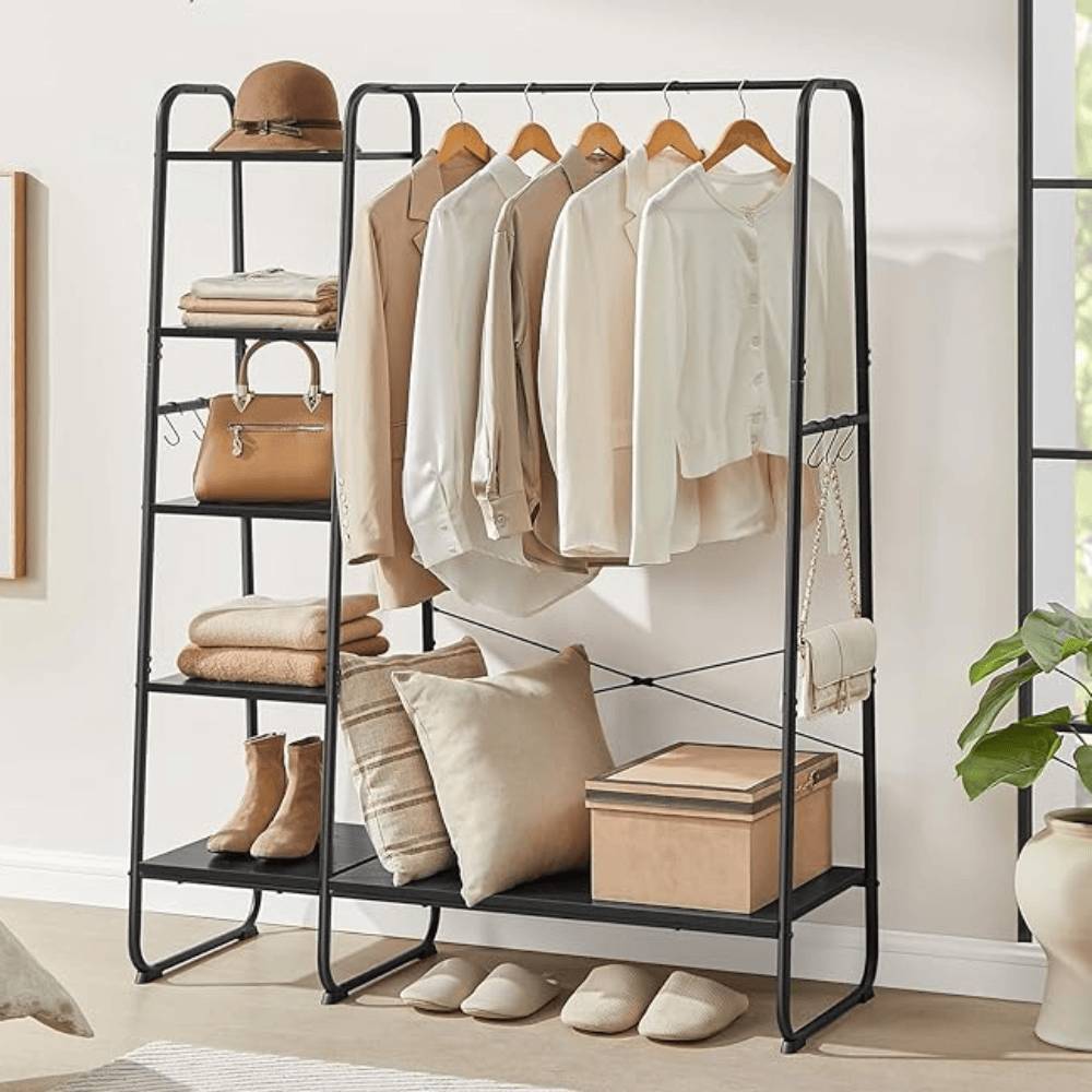 Black steel clothes rail with a five-tier black wood shelving unit, perfect for stylish and functional storage.
