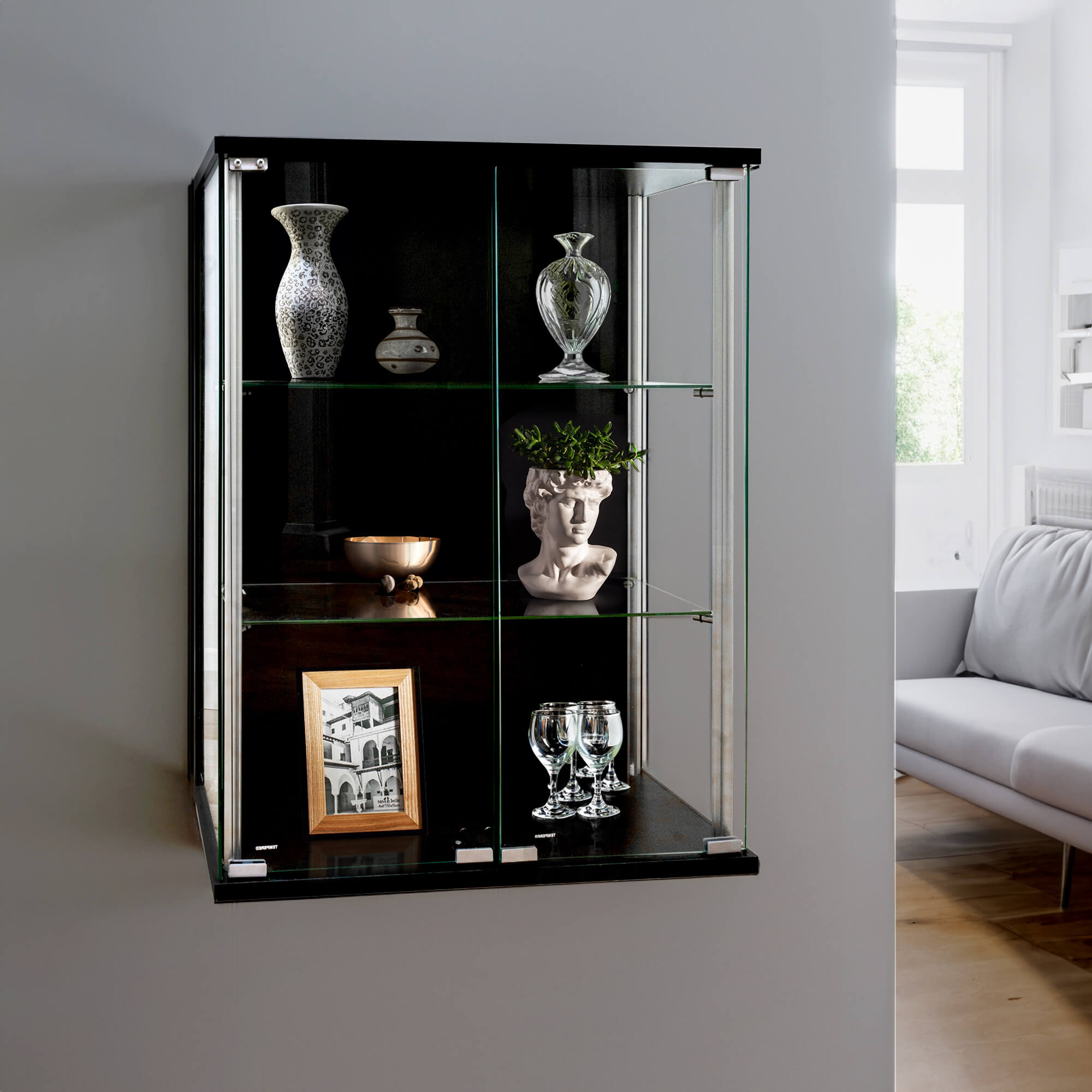 Sleek black wall-mounted display cabinet with double doors and two adjustable shelves, 600mm wide.