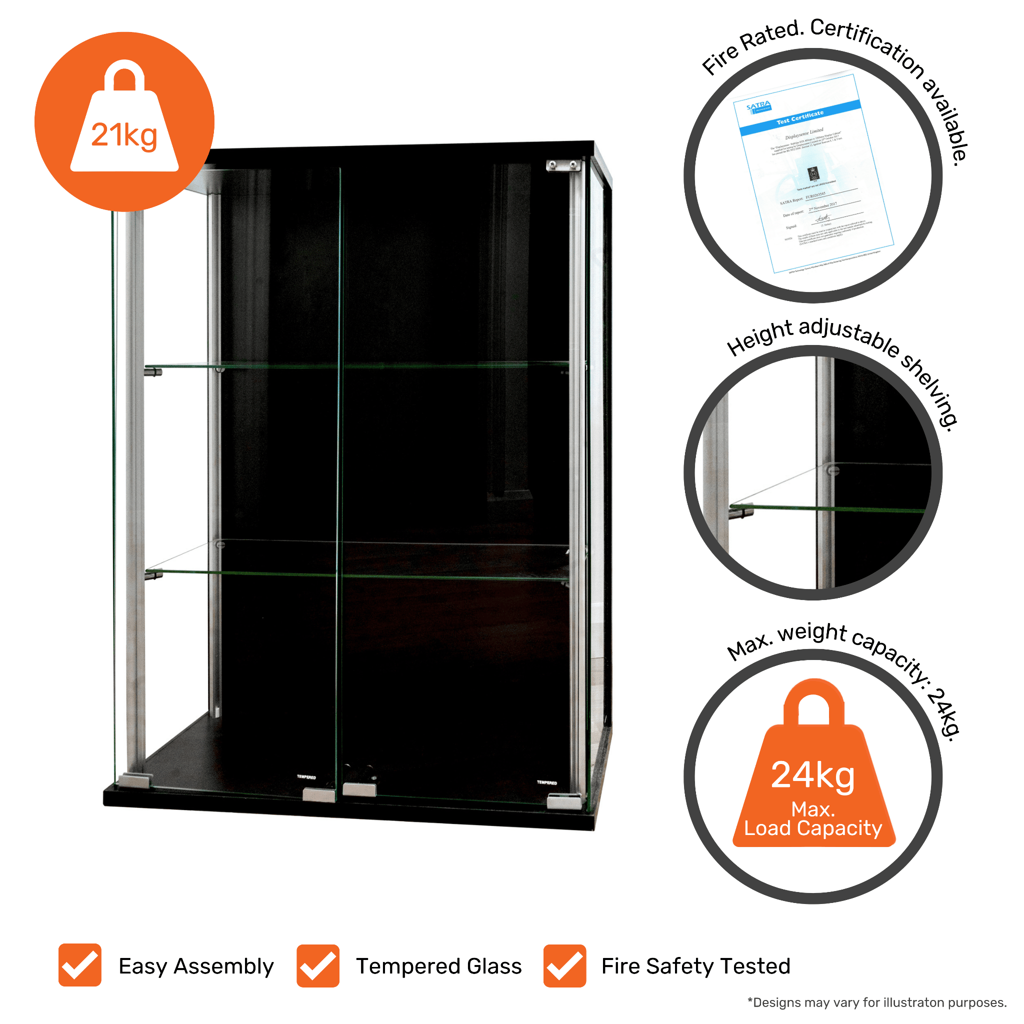 Compact wall-mounted display cabinet in black, featuring double doors and two adjustable shelves, measuring 600mm in width.