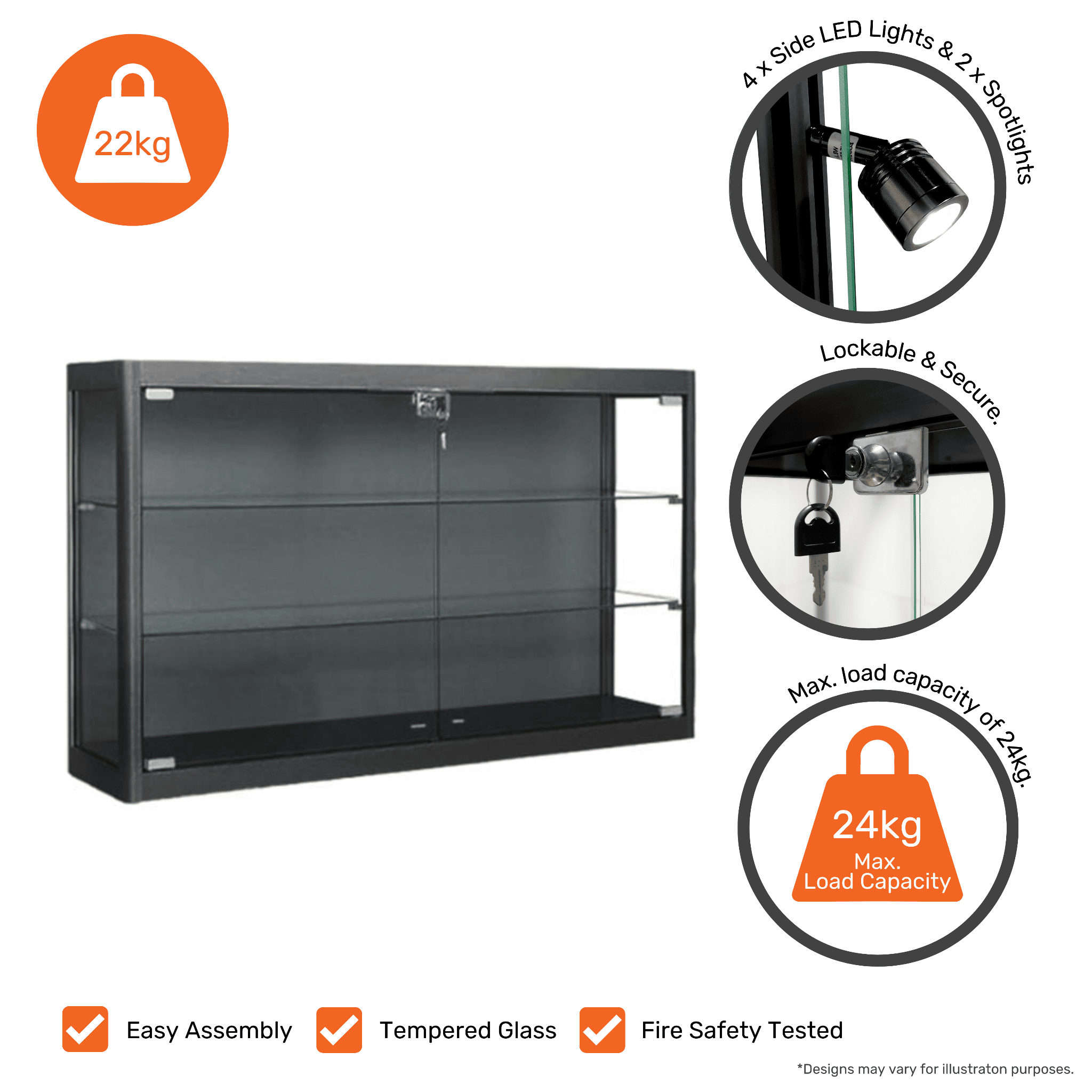 Elegant black wall-mounted glass display cabinet, 1000mm wide, with lockable doors, 2 adjustable shelves, and 6 spotlights for highlighting contents.
