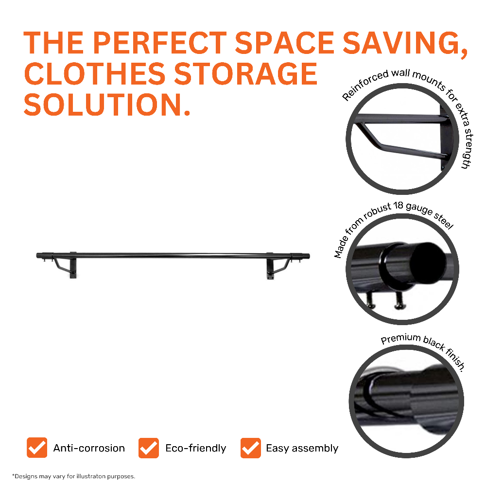 Durable and stylish black wall-mounted clothes rail in steel, featuring reinforced support arms.
