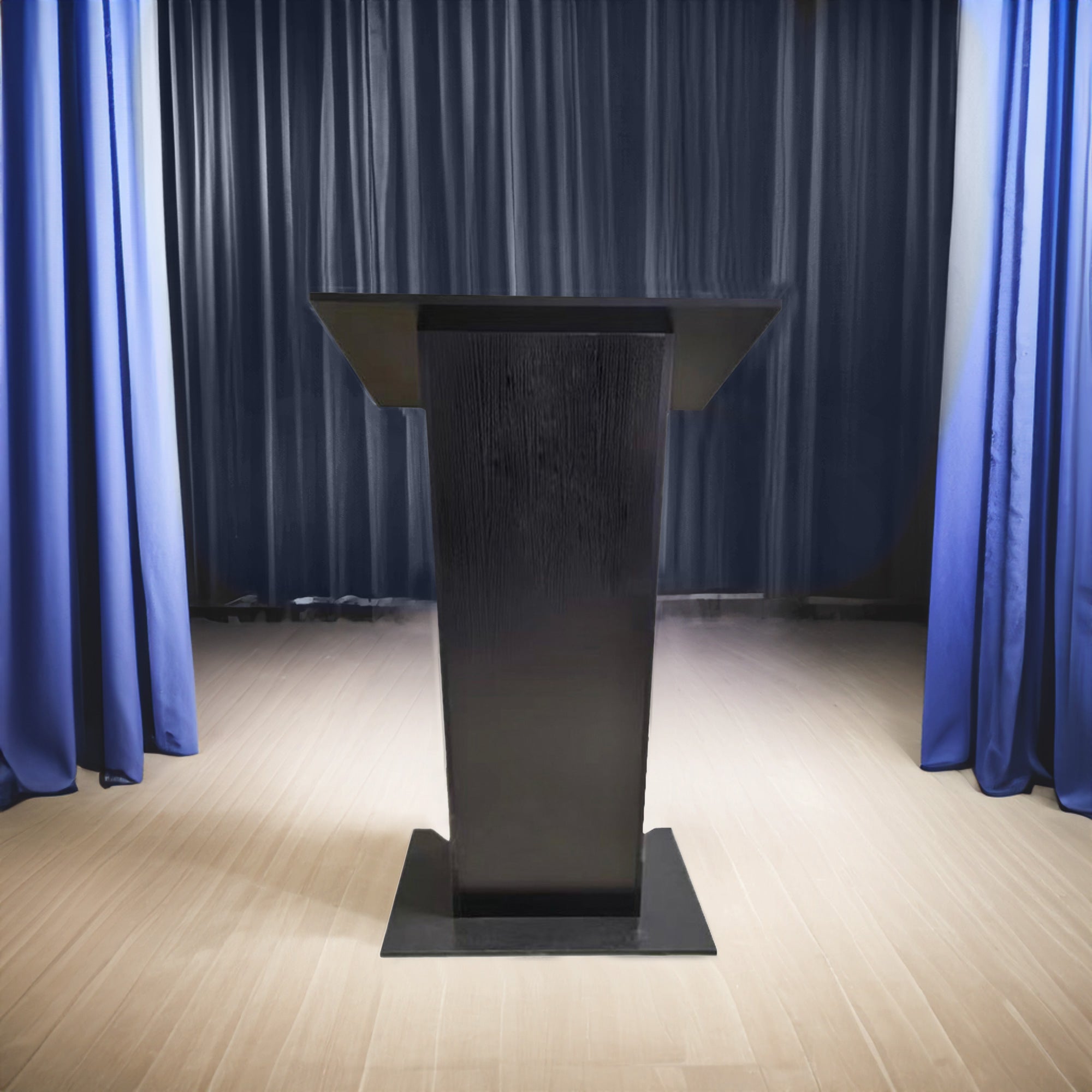 Stylish and sturdy black wooden podium lectern with integrated storage shelf, 685mm wide and 1180mm high.