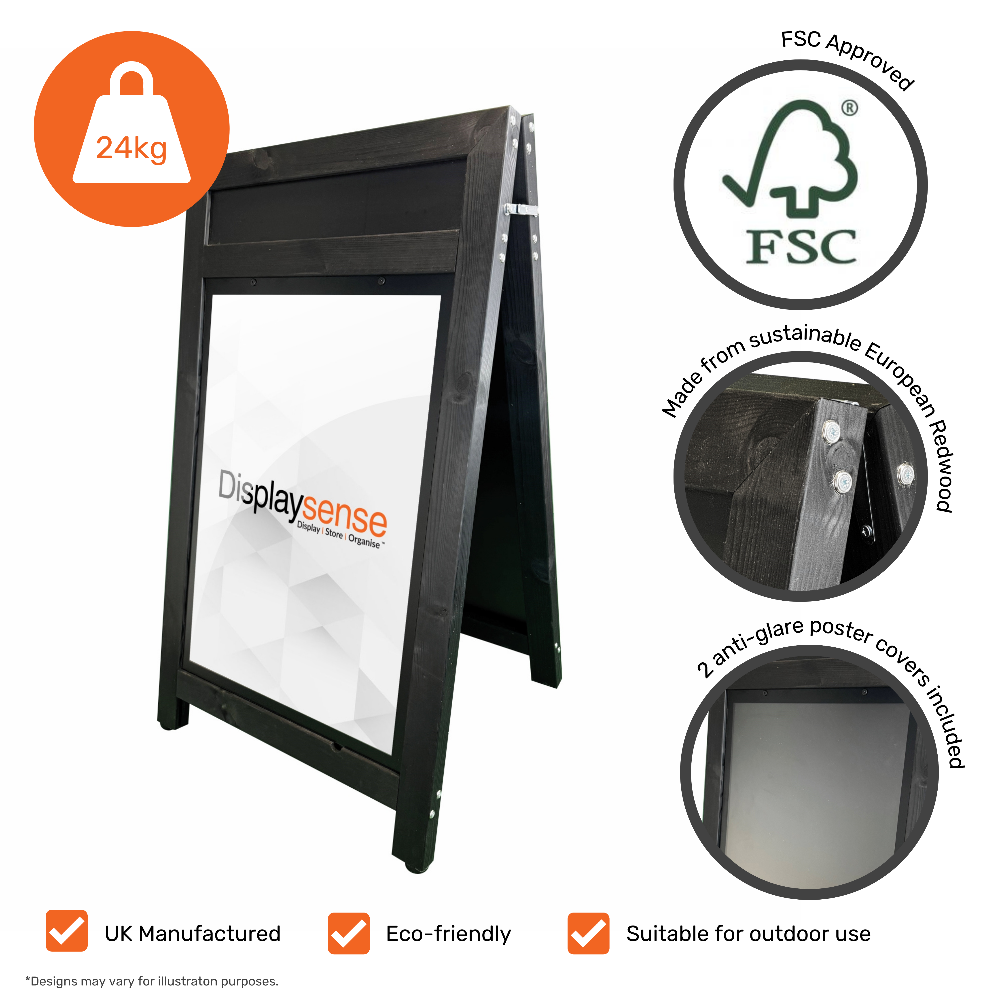 Durable black wooden A1 A-board with a built-in header, great for eye-catching outdoor advertising and signage.
