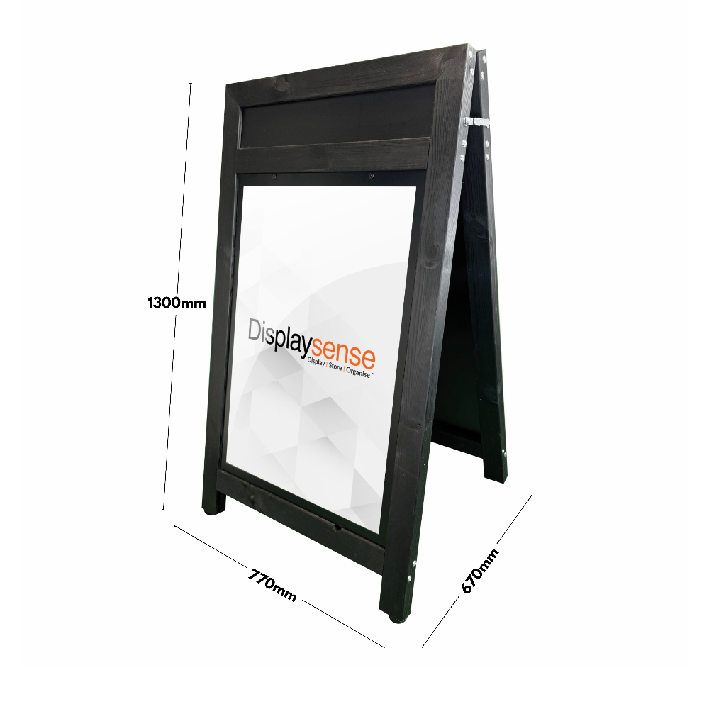 Freestanding A1 black wooden pavement sign with a top header panel, perfect for displaying menus, offers, and promotions.
