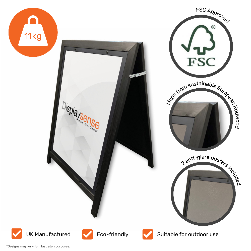 Freestanding black wooden A-board with an A1 poster holder, designed for eye-catching pavement advertising.
