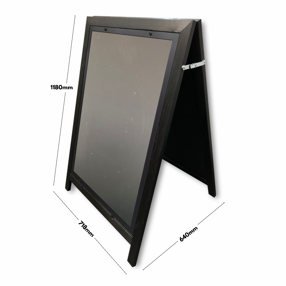 Weather-resistant A1 black wooden pavement sign with a poster holder, great for displaying menus, offers, and notices.
