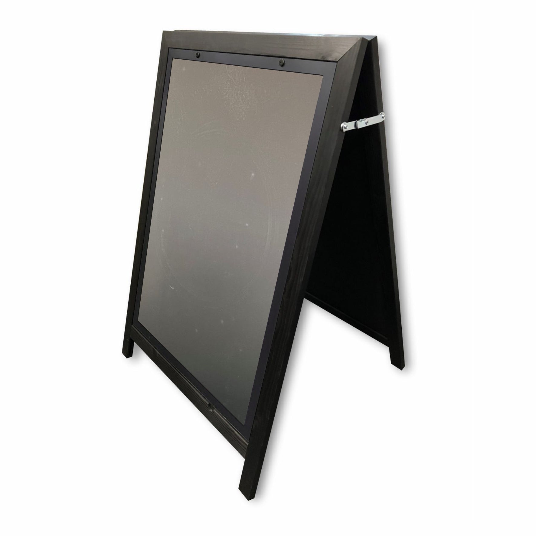 Durable A1 black wooden A-frame pavement sign with a secure poster holder, ideal for shops, cafés, and events.
