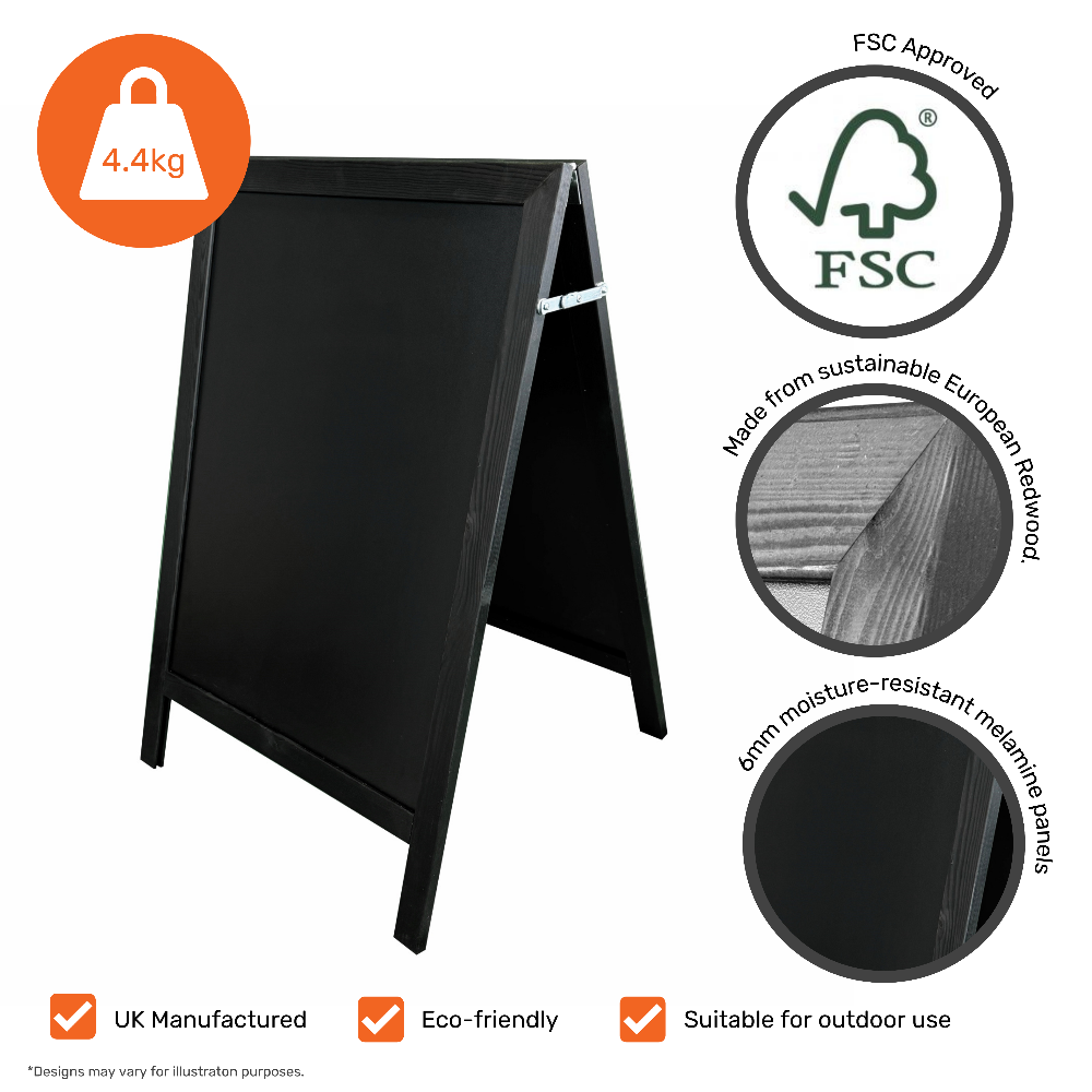 A high-quality black wooden outdoor chalk A-board sign, designed for pavement advertising, providing a classic and versatile display solution for businesses.
