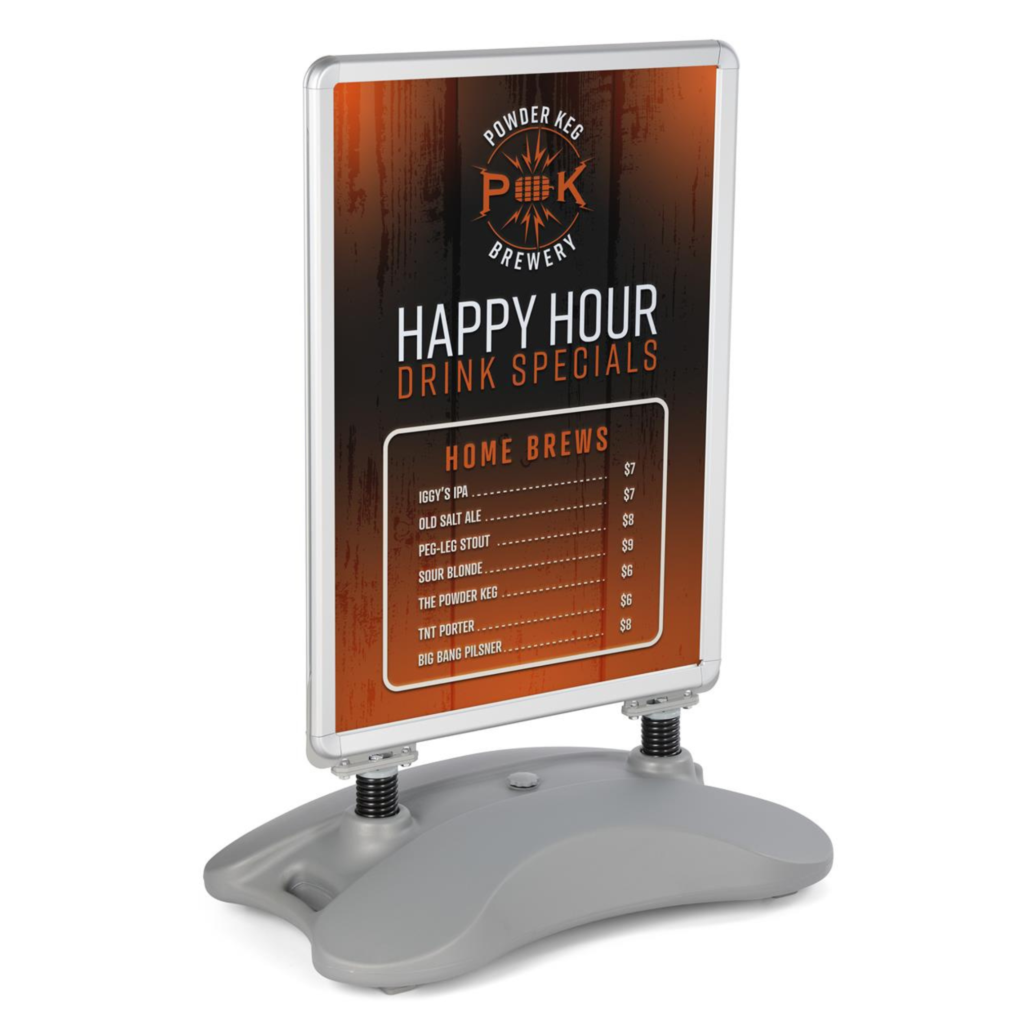 Durable A1 silver poster stand with a sturdy water-filled base, wind-resistant design, and a double-sided snap frame for easy poster changes.