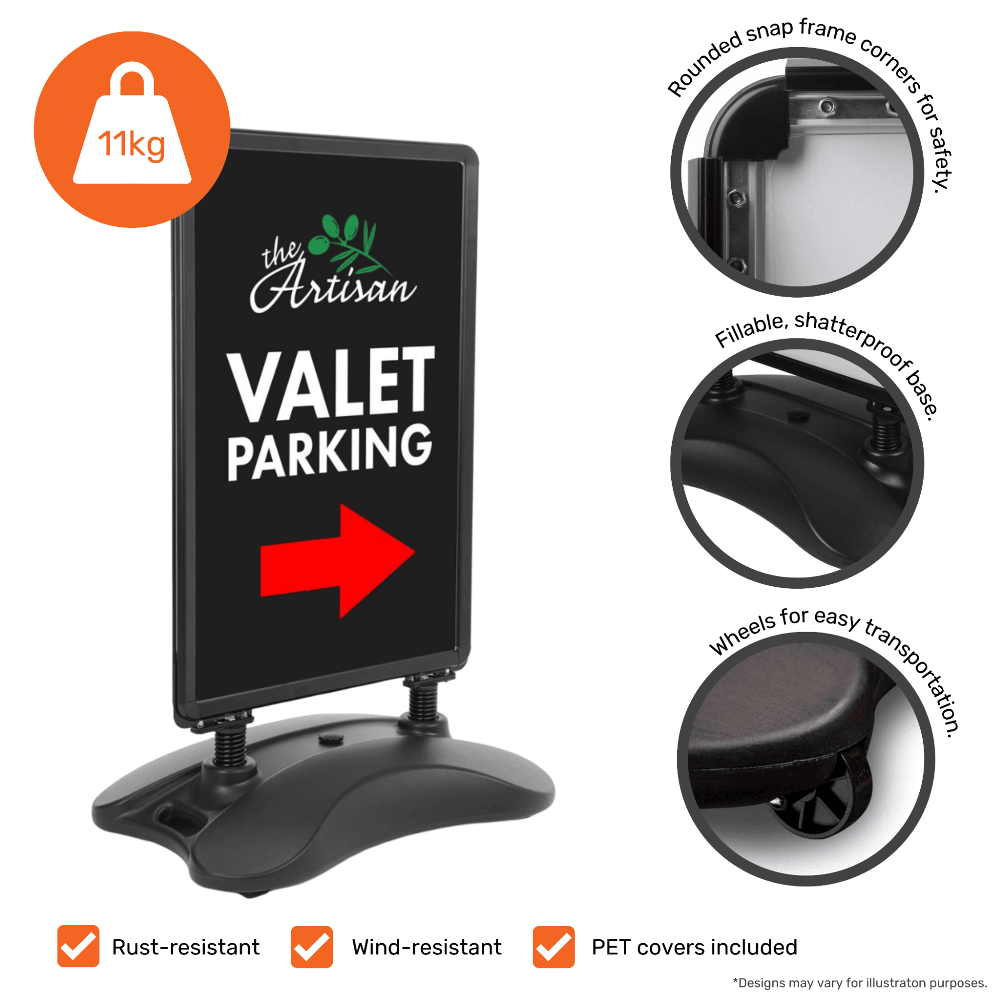 Heavy-duty A1 outdoor pavement sign featuring a wind-resistant water base and a secure double-sided snap frame.
