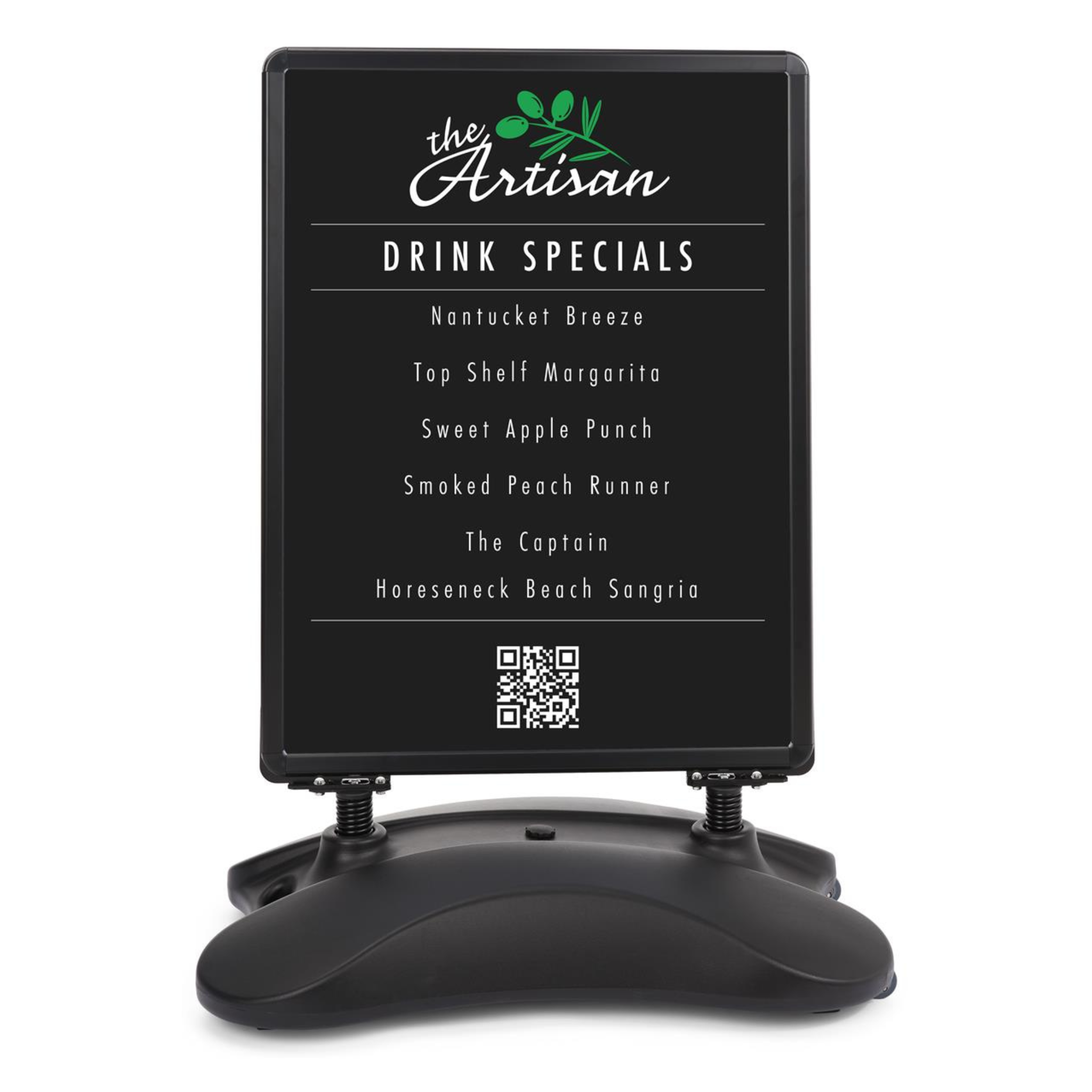 Durable black pavement sign with a wind-resistant water base and double-sided snap frame, ideal for outdoor promotions.