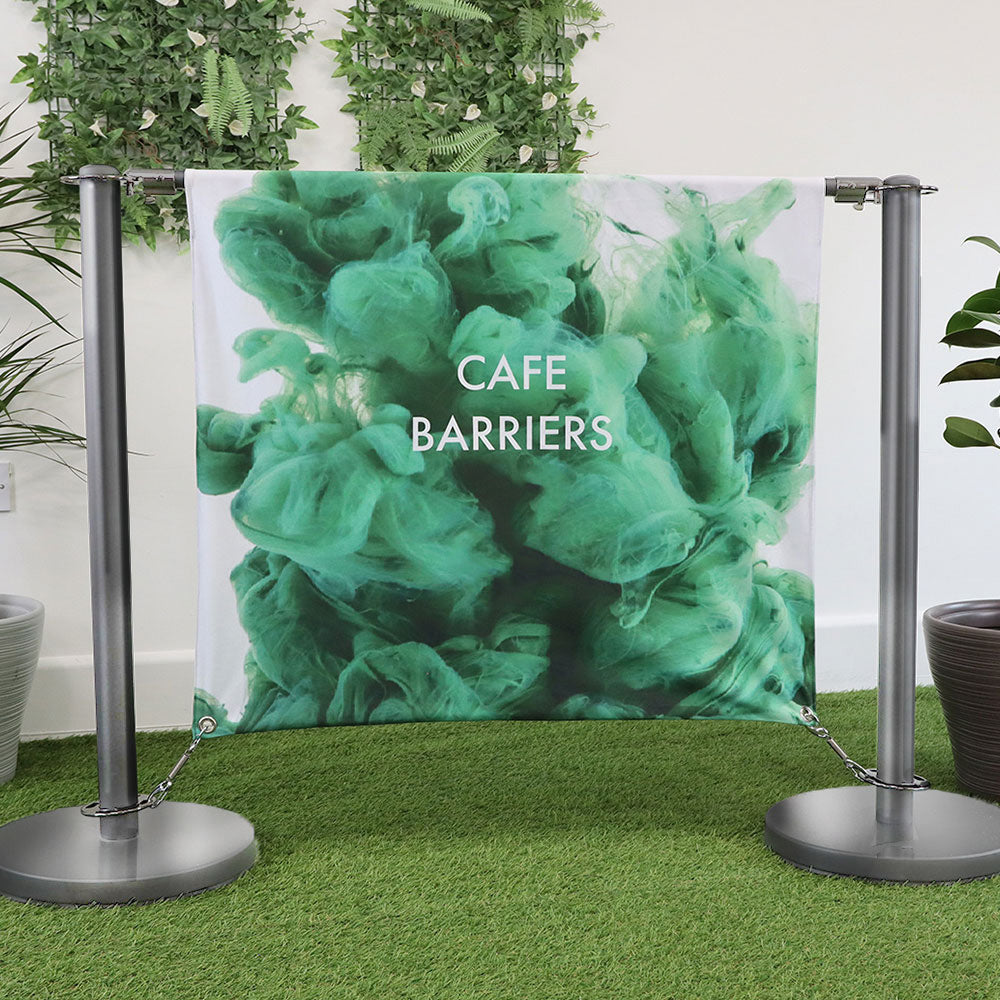 Stylish chrome steel café barrier, 1m wide, featuring a high-quality double-sided graphic print for effective promotions.
