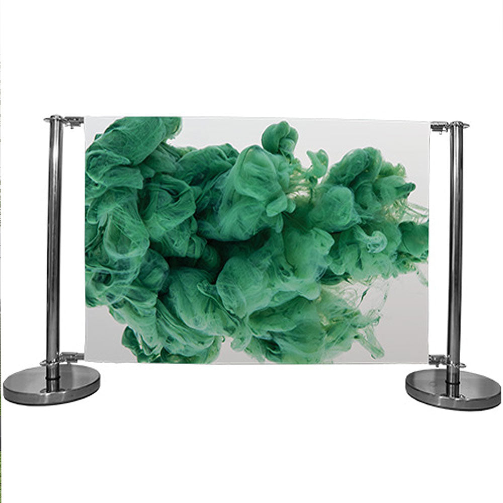 Heavy-duty chrome steel café barrier with a 1m printed double-sided banner, designed for cafés, restaurants, and retail spaces.
