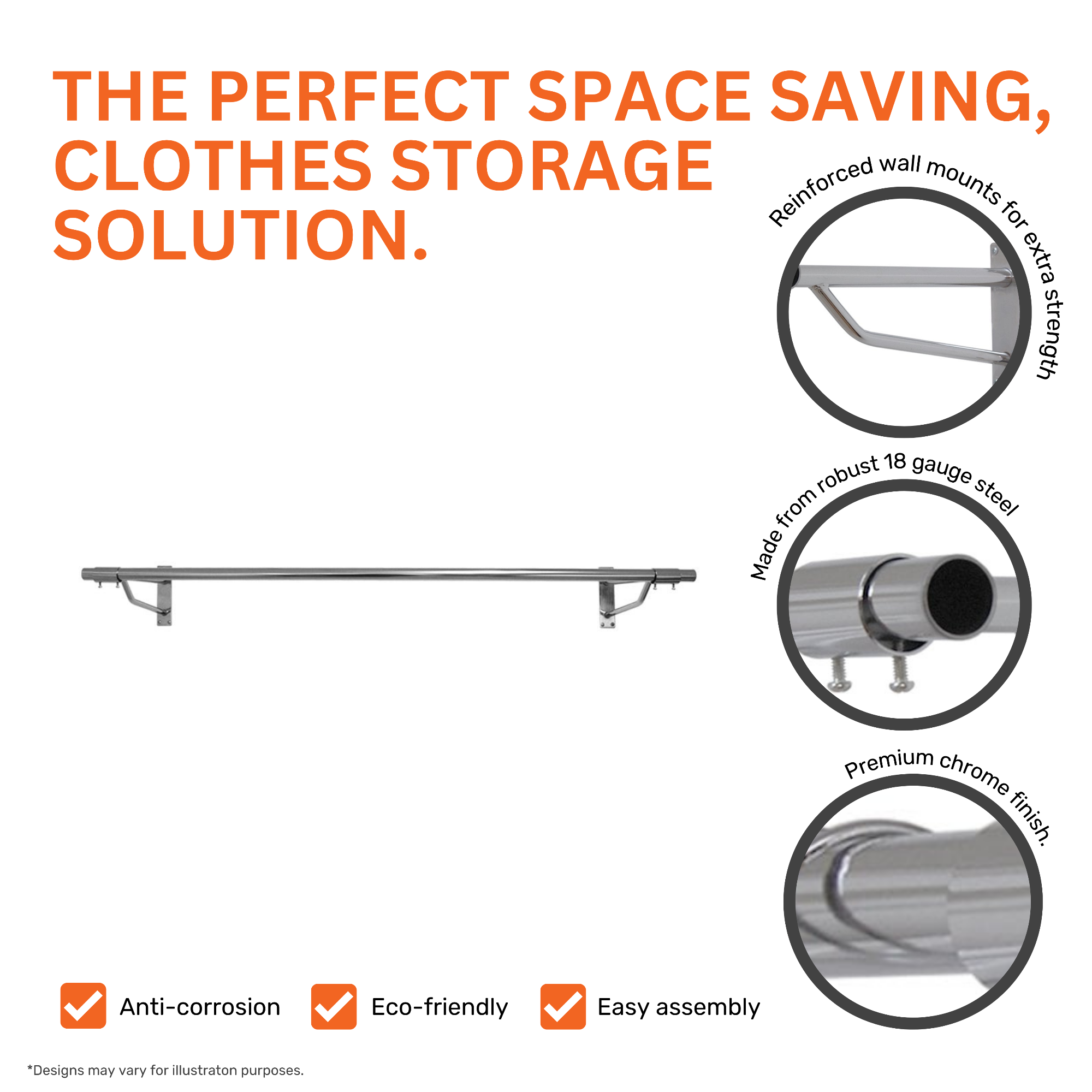 Heavy-duty wall-mounted steel clothes rail with a sleek chrome finish and reinforced support arms.
