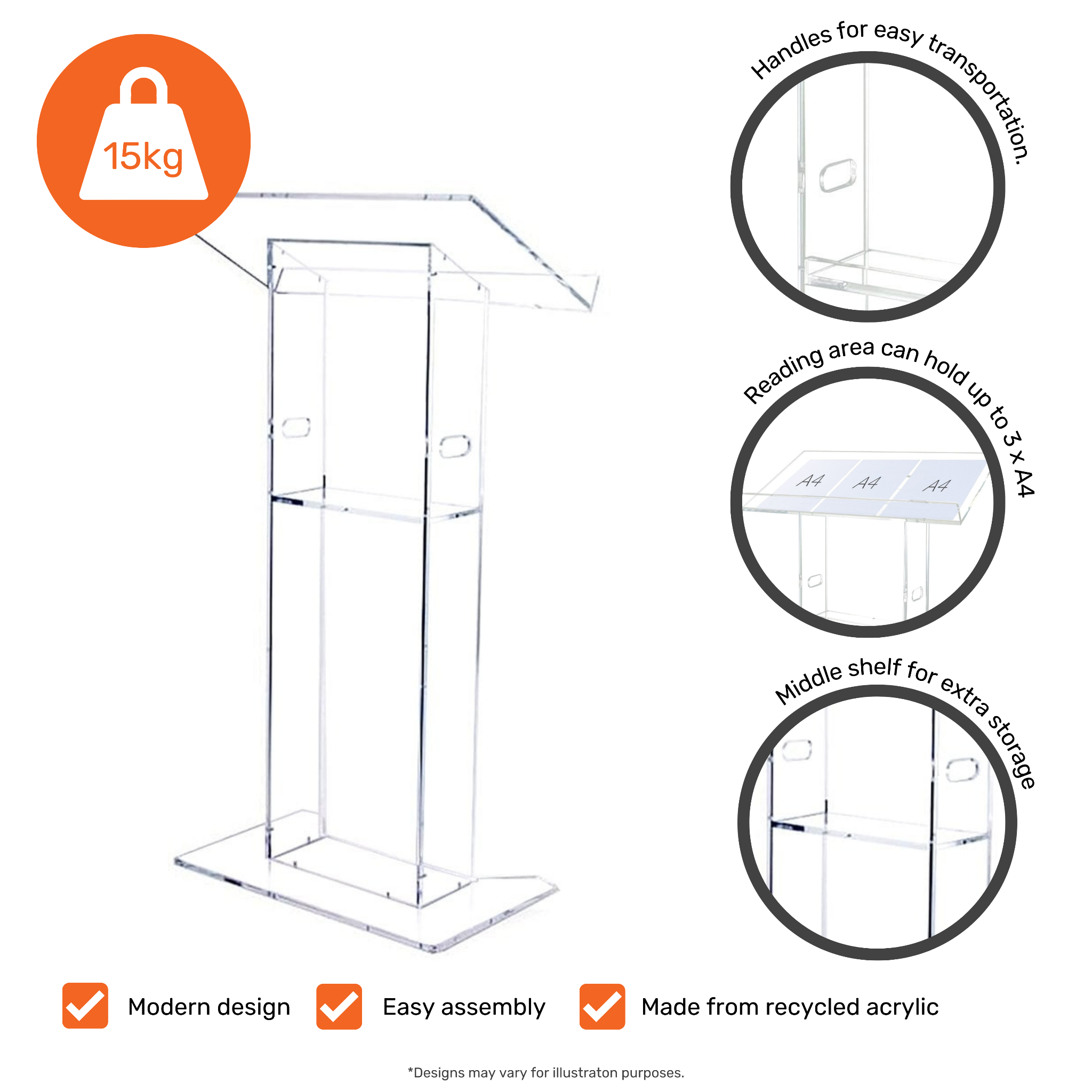 Transparent acrylic lectern podium with a sturdy base and integrated shelf, ideal for presentations and speeches.