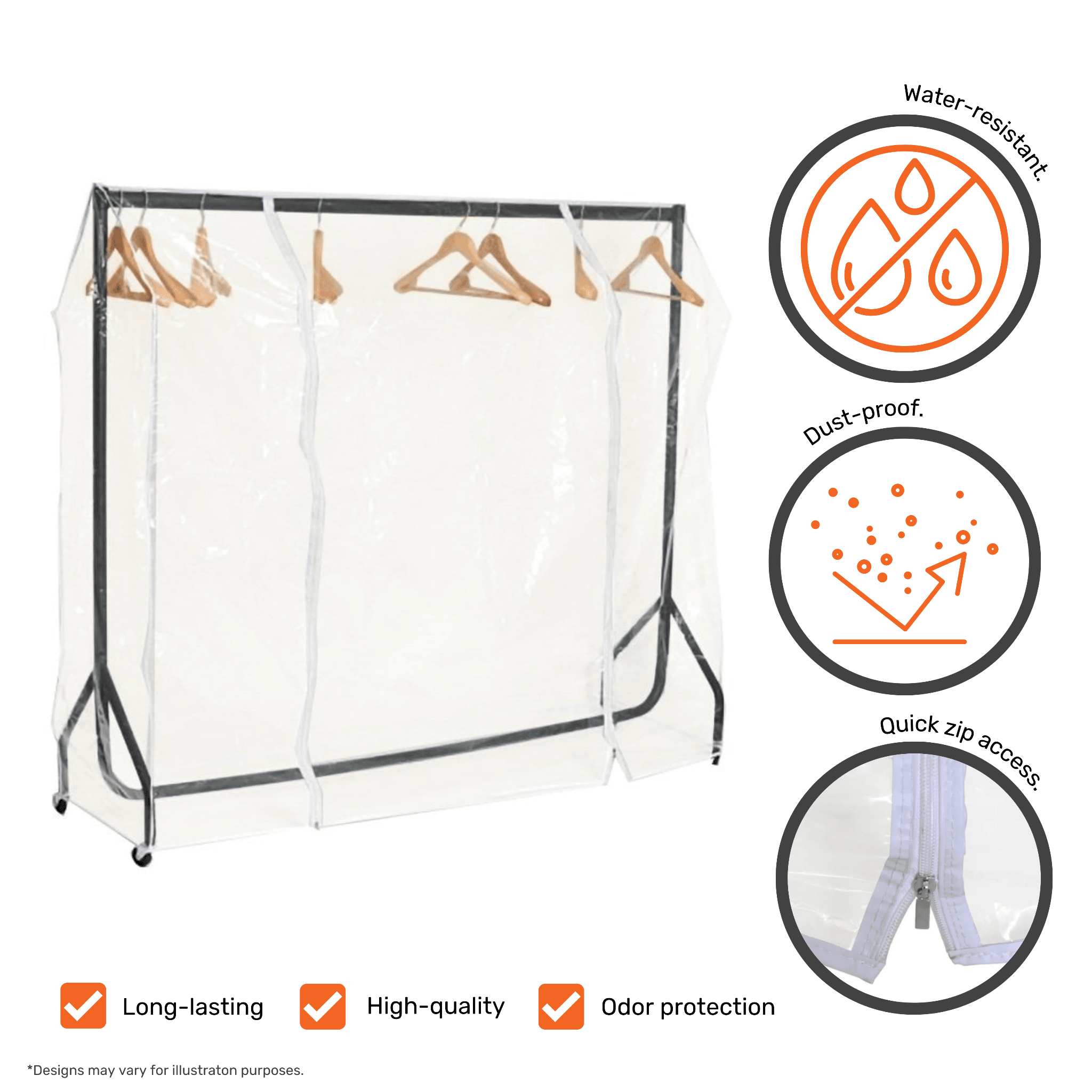 Zipped waterproof clothes rail cover, designed to keep garments safe from moisture and dust while remaining visible.