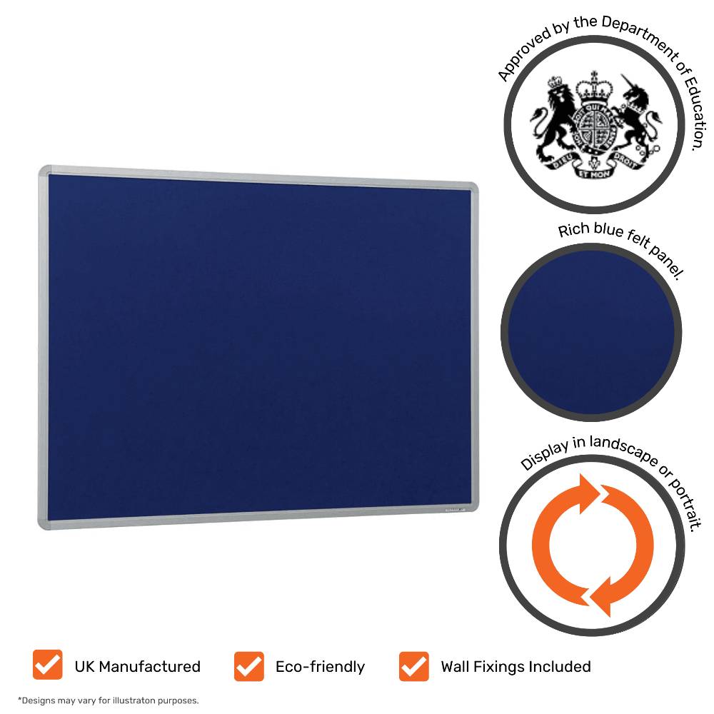 Dark blue felt noticeboard framed in sleek aluminium, perfect for both home and office use.
