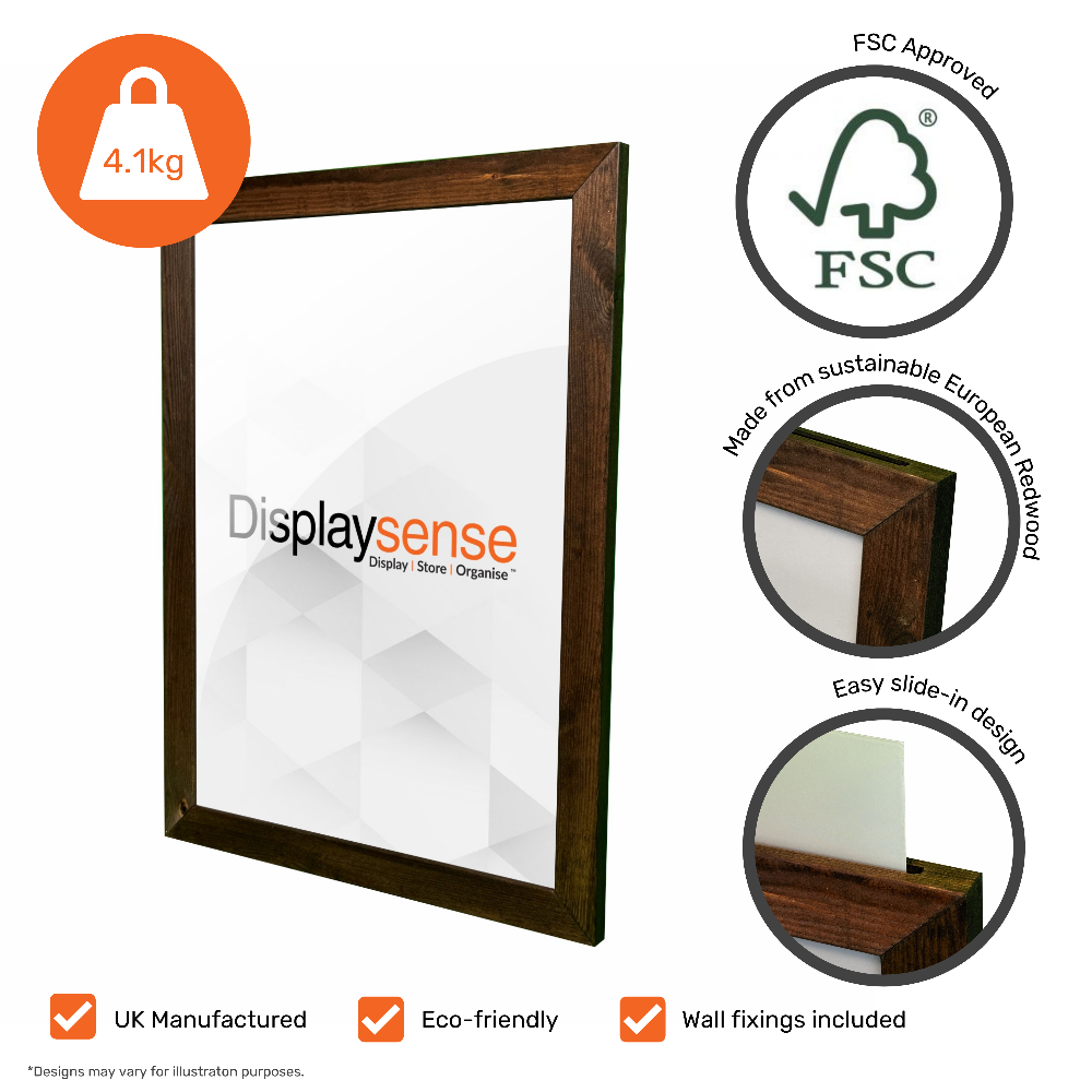 Premium dark oak A1 wooden poster frame with a convenient slide-in mechanism for professional displays.
