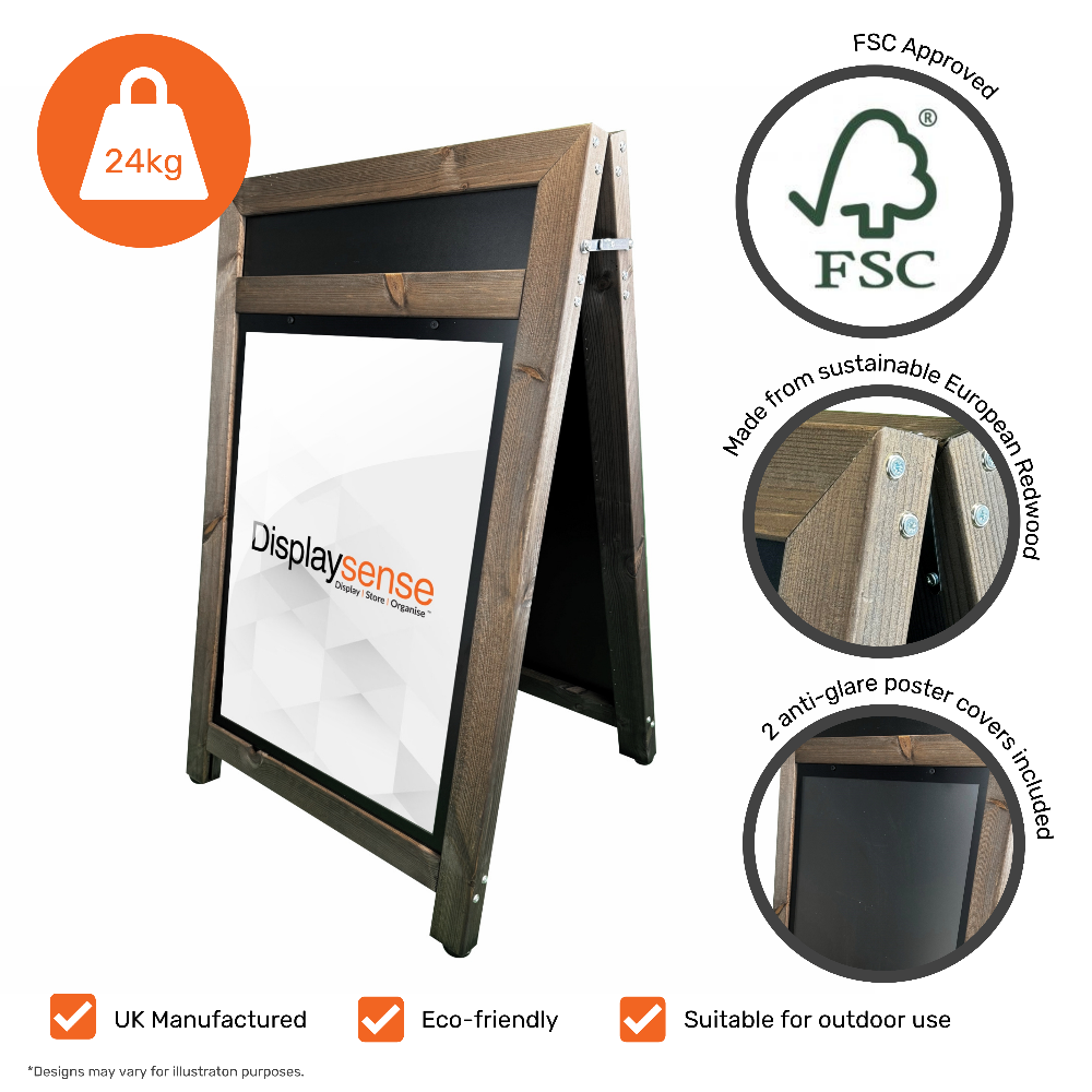 A high-quality A1 wooden A-board sign in a rich dark oak finish, complete with a header panel for custom branding or messaging, suitable for businesses and events.
