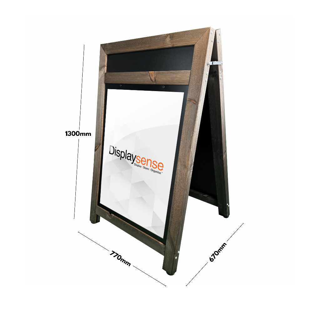 A premium A1 dark oak wooden A-board sign with a built-in header, designed for outdoor and indoor use, offering a classic and elegant look for signage.
