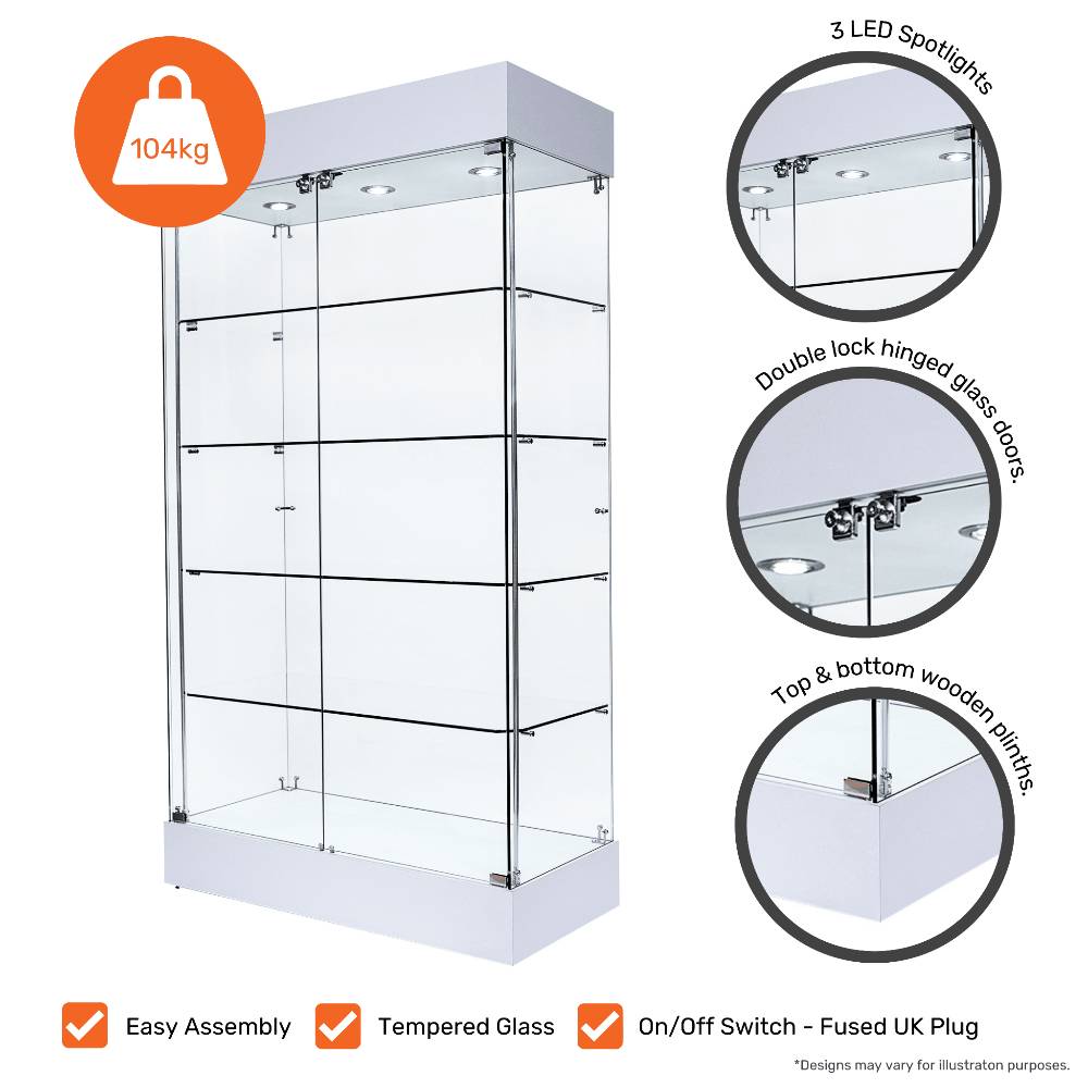 White wooden frameless display cabinet with double lockable doors, 1000mm wide, ideal for secure storage and display.
