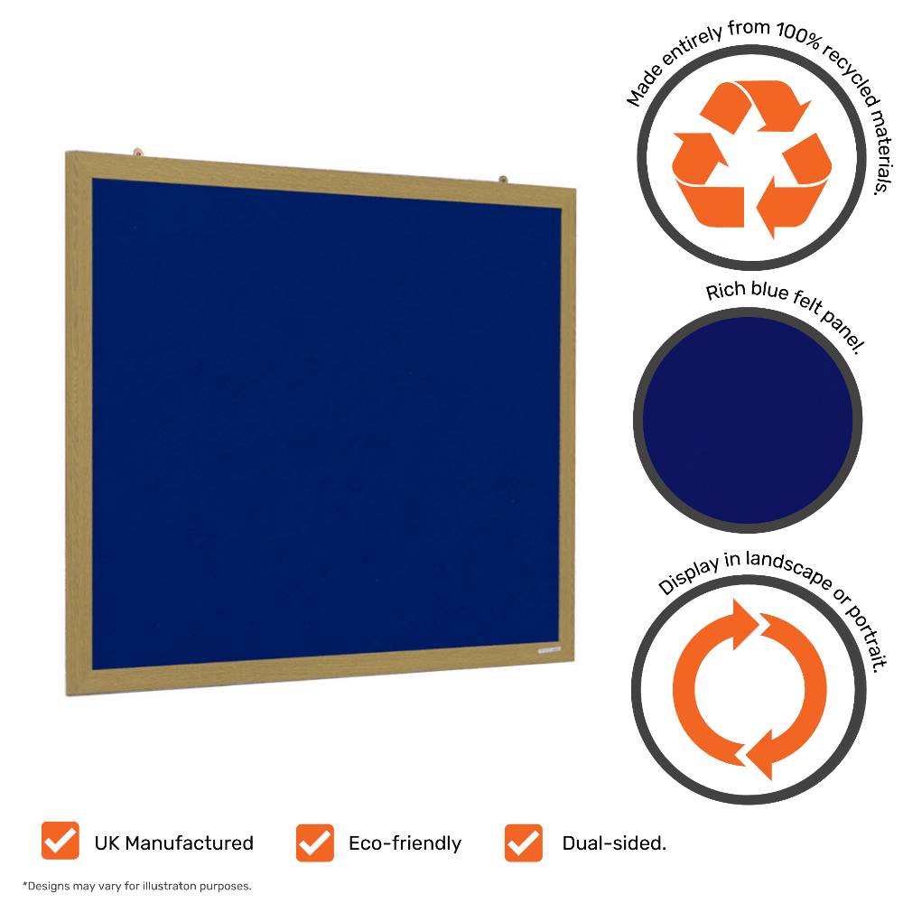 A blue felt noticeboard with a wood-effect frame, offering an eco-conscious solution for keeping memos and reminders neatly displayed.
