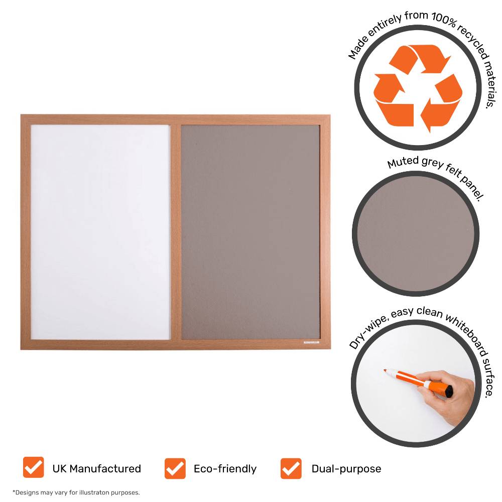 Eco-friendly combination noticeboard featuring a grey felt side, whiteboard area, and a stylish wood-effect frame.
