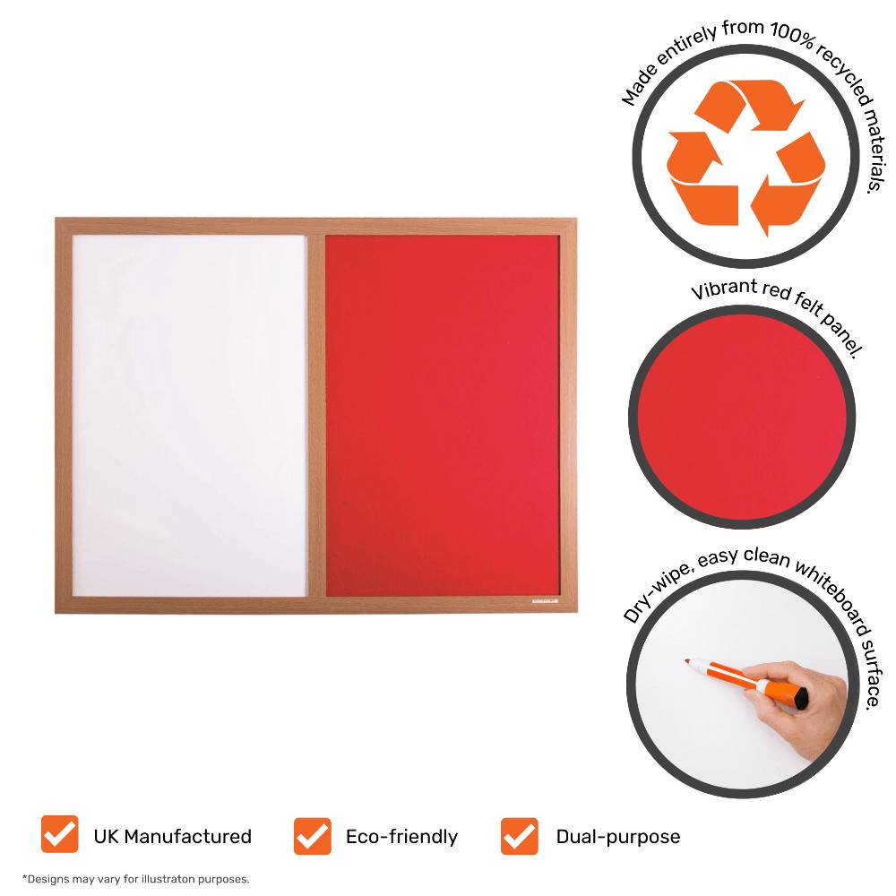 Eco-friendly combination noticeboard featuring a red felt side, whiteboard area, and a stylish wood-effect frame.
