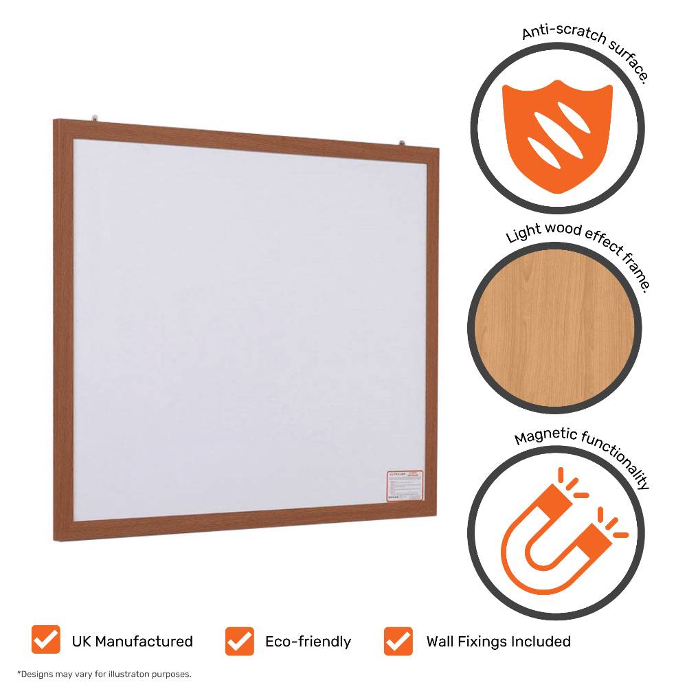 Eco-friendly whiteboard with a natural wood-effect frame, perfect for home or office use.
