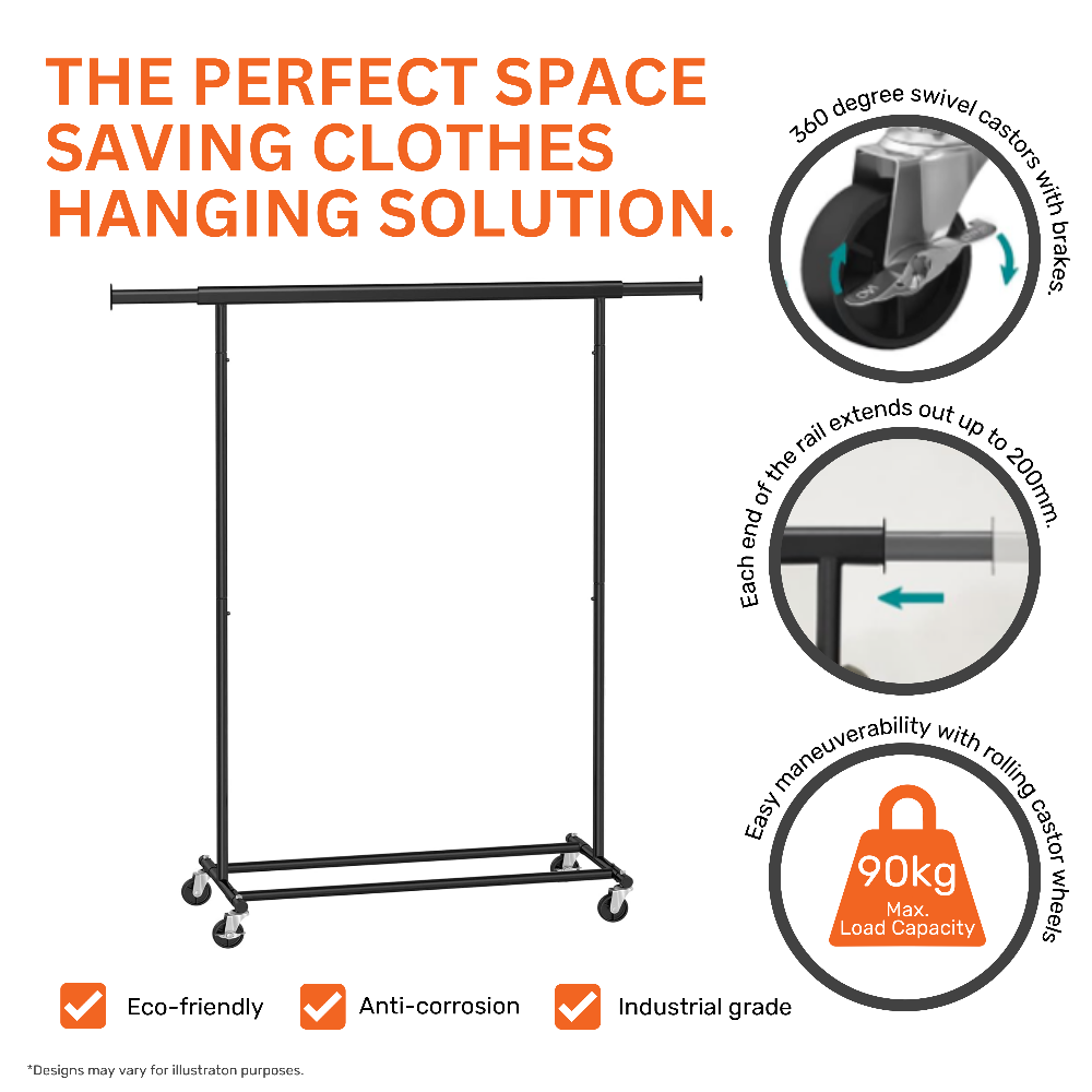 Adjustable black steel clothes rail with a sturdy frame, extra storage space, and a dedicated shoe shelf for practicality.
