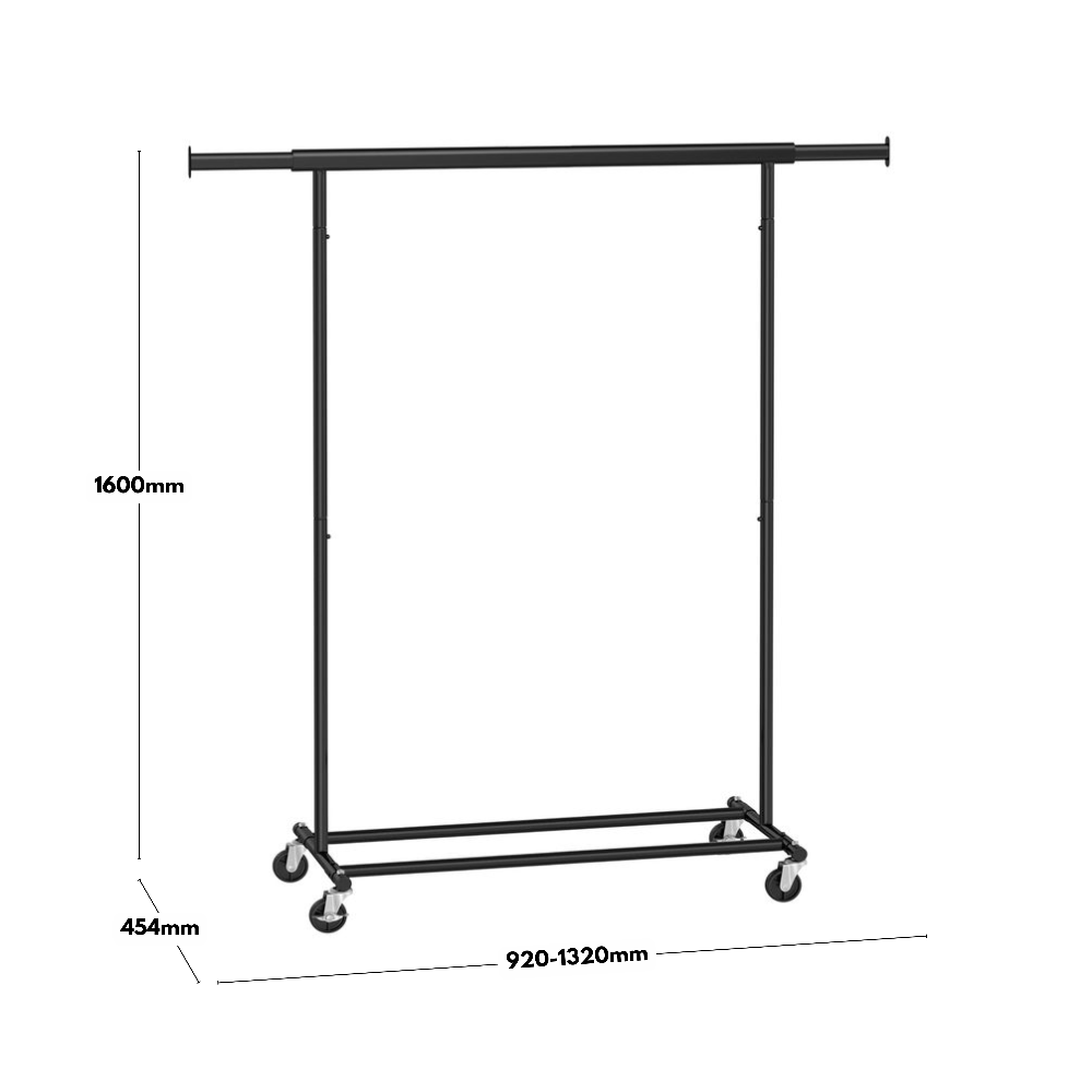 Space-saving black steel extendable clothes rail with a versatile storage shelf and dedicated shoe rack.
