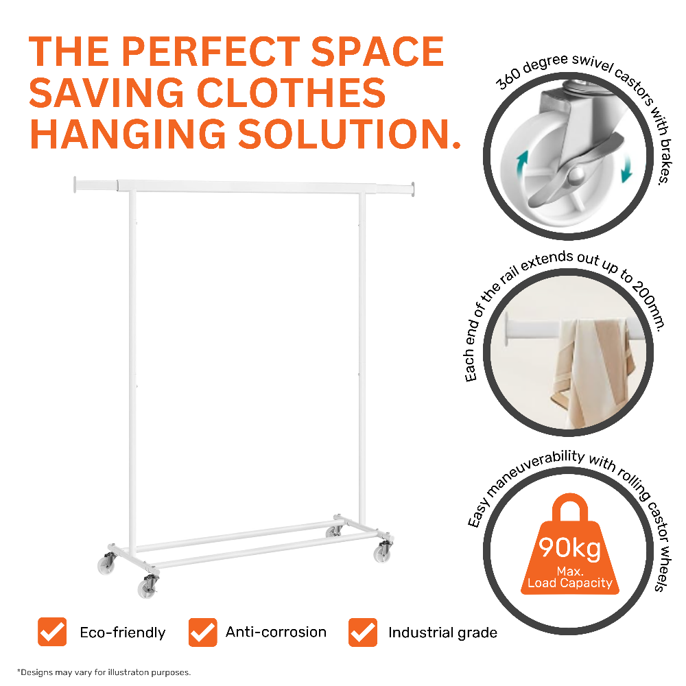 Modern white steel clothes rack with an extendable frame, additional storage, and a dedicated shoe shelf.
