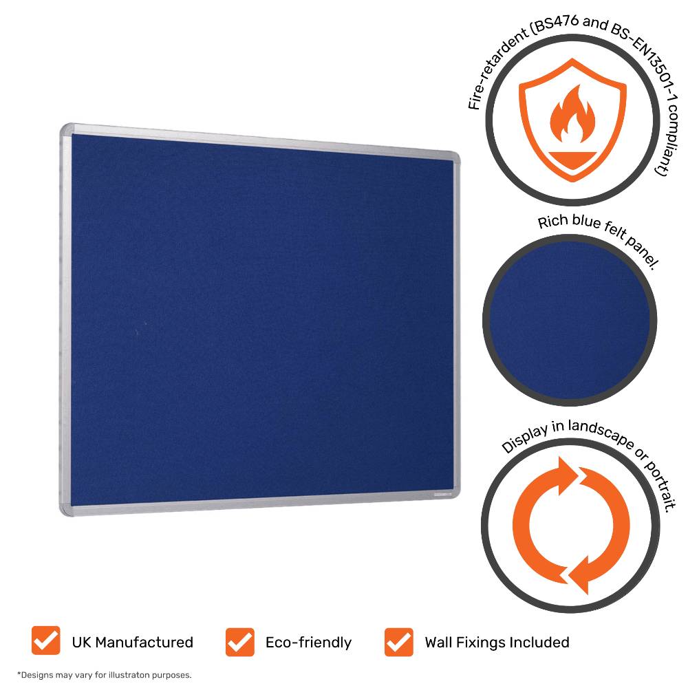 Fire-resistant blue felt noticeboard with a durable aluminium frame, designed for use in schools, offices, or public buildings.
