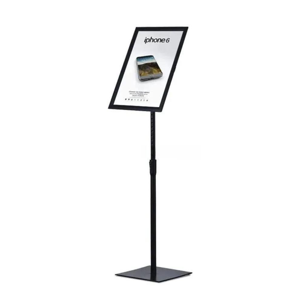 Floor-standing A3 snap frame poster stand in black, featuring 360-degree rotation and a durable square base for stability.
