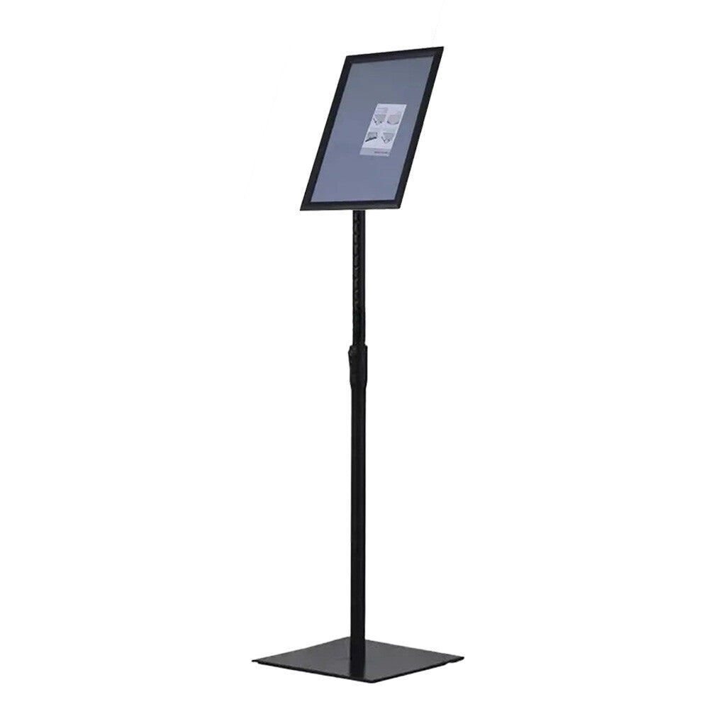 Freestanding A4 snap frame poster stand in black, featuring a rotating 360-degree design with a secure square base.
