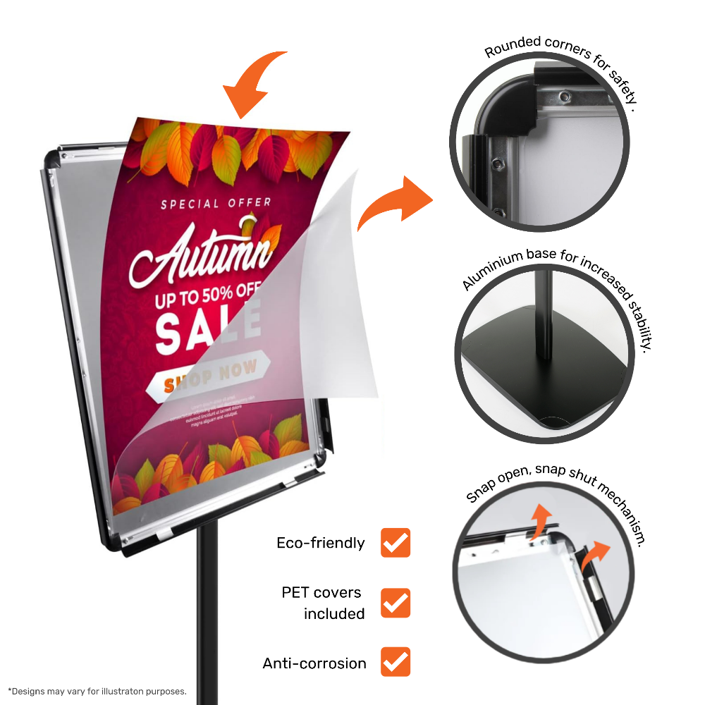 Durable floor-standing poster display stand with an aluminium snap frame, ideal for signage.
