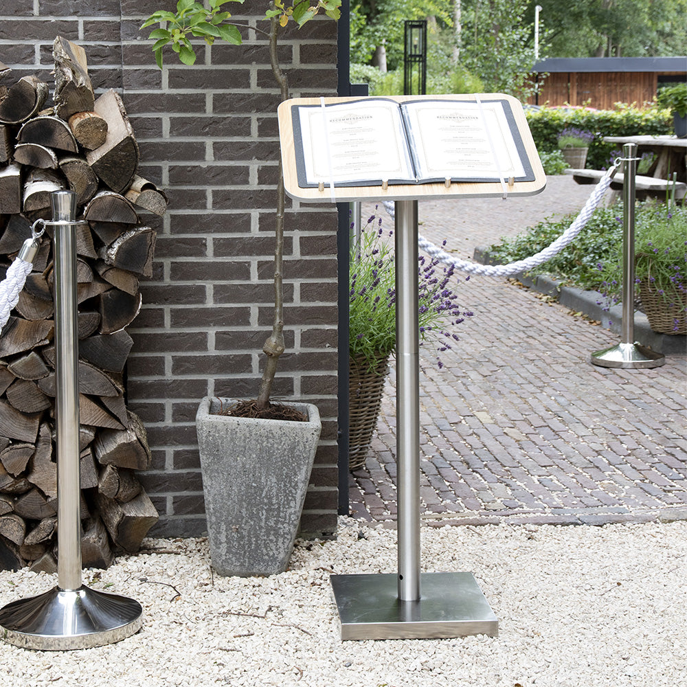 Premium restaurant menu stand with a durable stainless steel base and teak display panel, ideal for entrances and reception areas.
