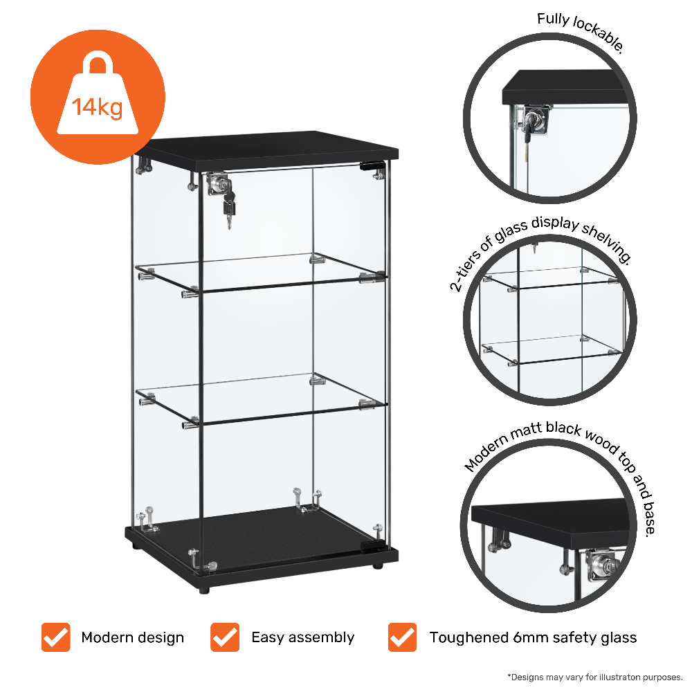 Modern lockable glass display showcase with a frameless black wood base and two shelves, perfect for secure retail displays.
