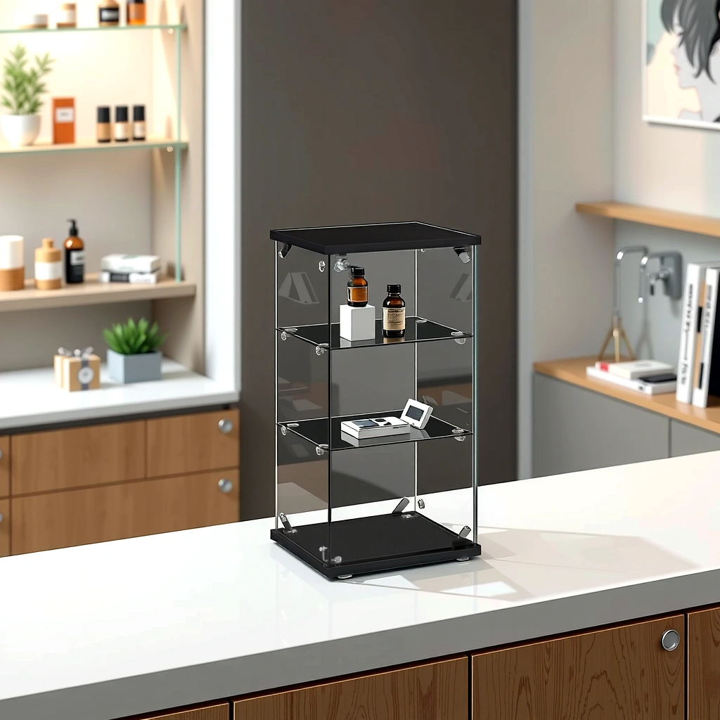 Frameless Black Wood Lockable Glass Display Cabinet with 2 Shelves – Countertop Showcase